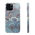 Marbled Feather Blue, White + Burgundy Swirl - Single Layer Slim Phone Case