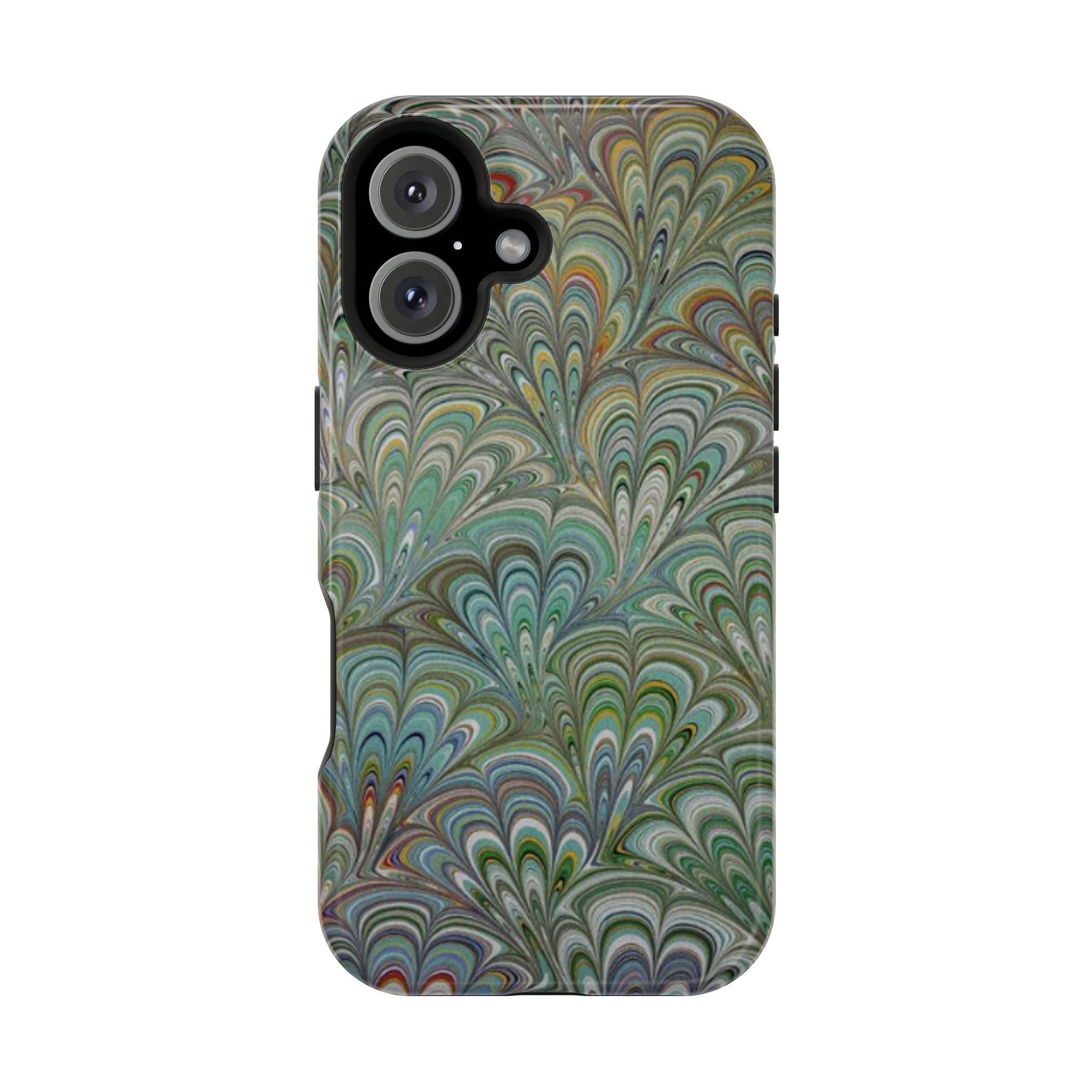 iPhone17 + All Models Phone Cases, Italian Peacock Feather Design, Stylish Impact-Resistant Shell, Protective Cover, Green Peacock Print