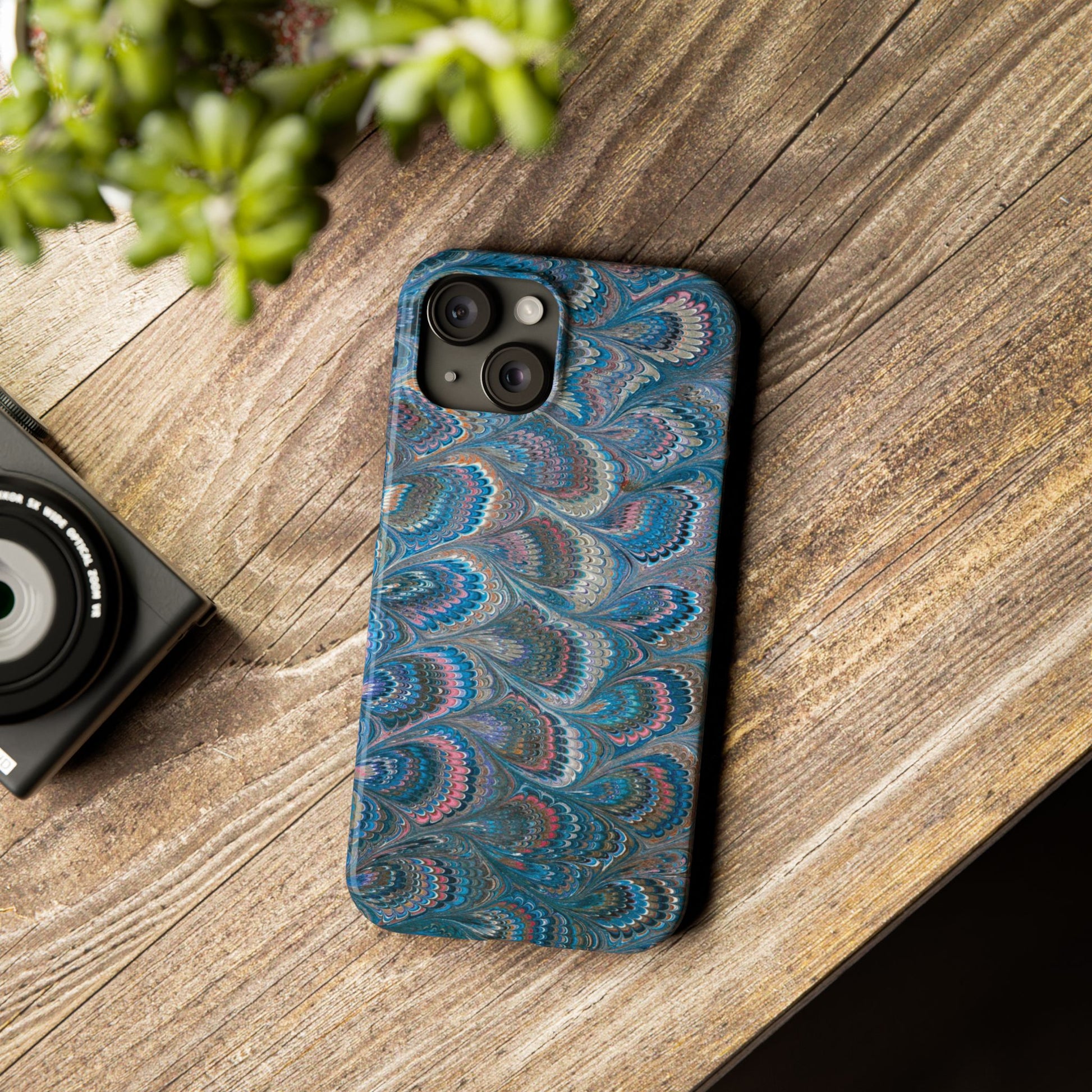 Blue and Pink FEATHER PEACKOCK Marbled VIntage Design, Italian Feather Phone Case, Slim Phone Cases, IPHONE 16 and all sizes