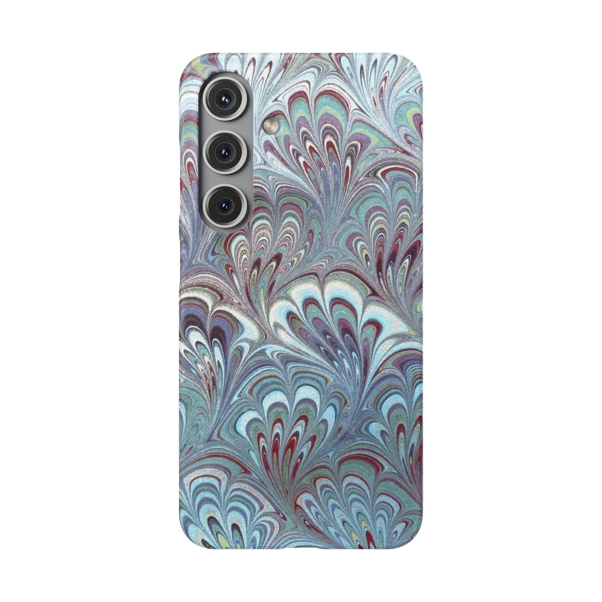 Marbled Feather Blue, White + Burgundy Swirl - Single Layer Slim Phone Case