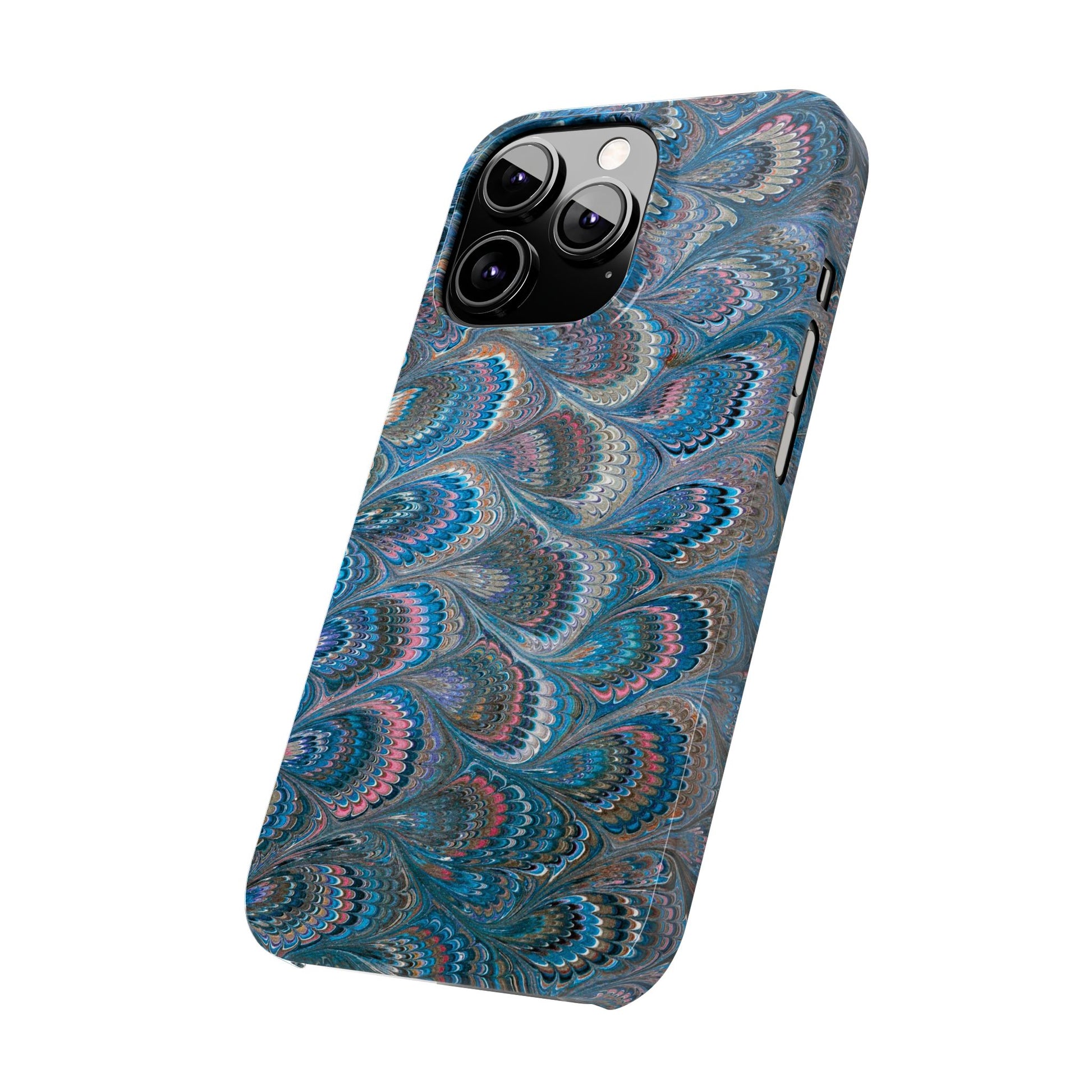 Blue and Pink FEATHER PEACKOCK Marbled VIntage Design, Italian Feather Phone Case, Slim Phone Cases, IPHONE 16 and all sizes