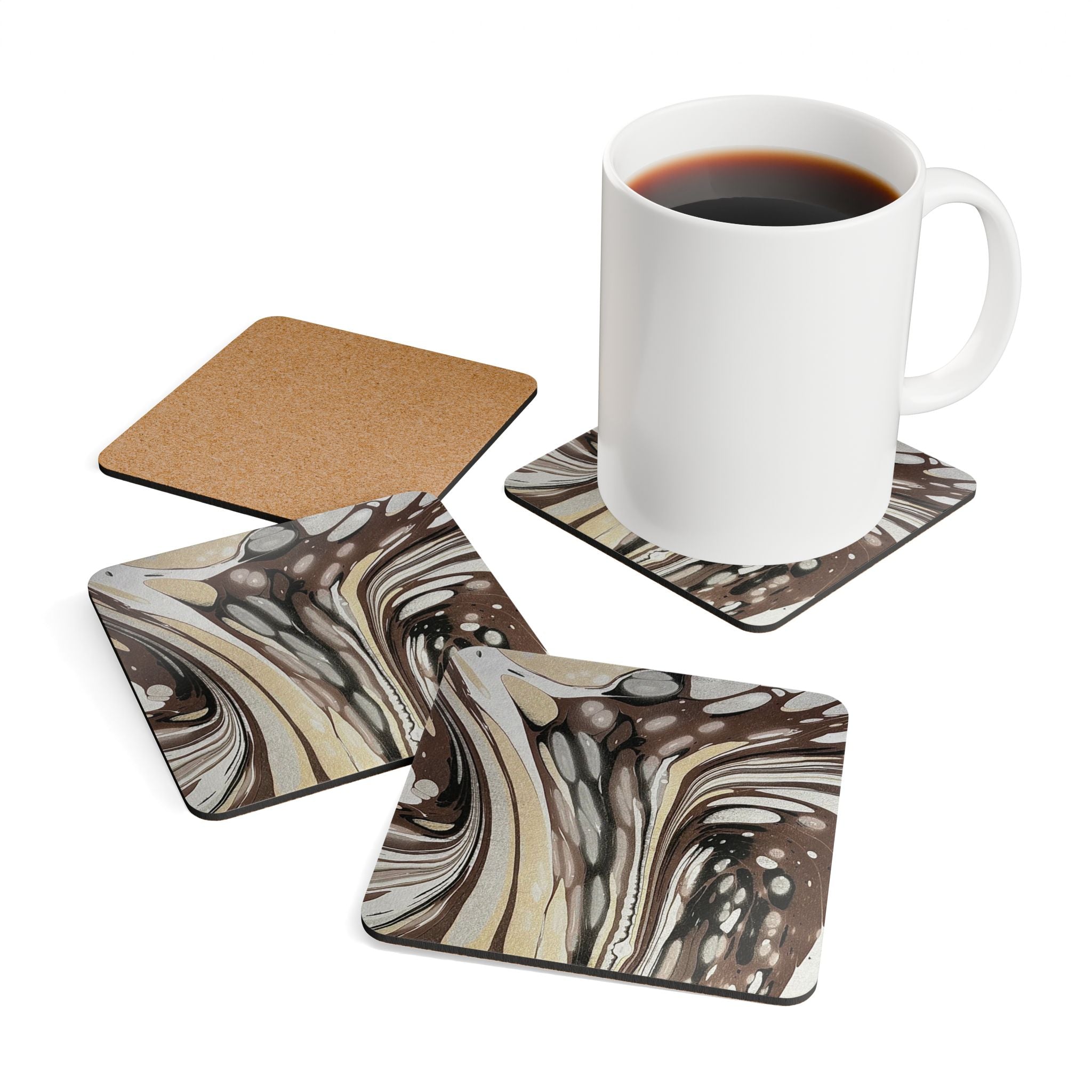 Beige Italian Marbled Cork Coaster Set, Modern Minimalist Drink Coasters (4-Pack)