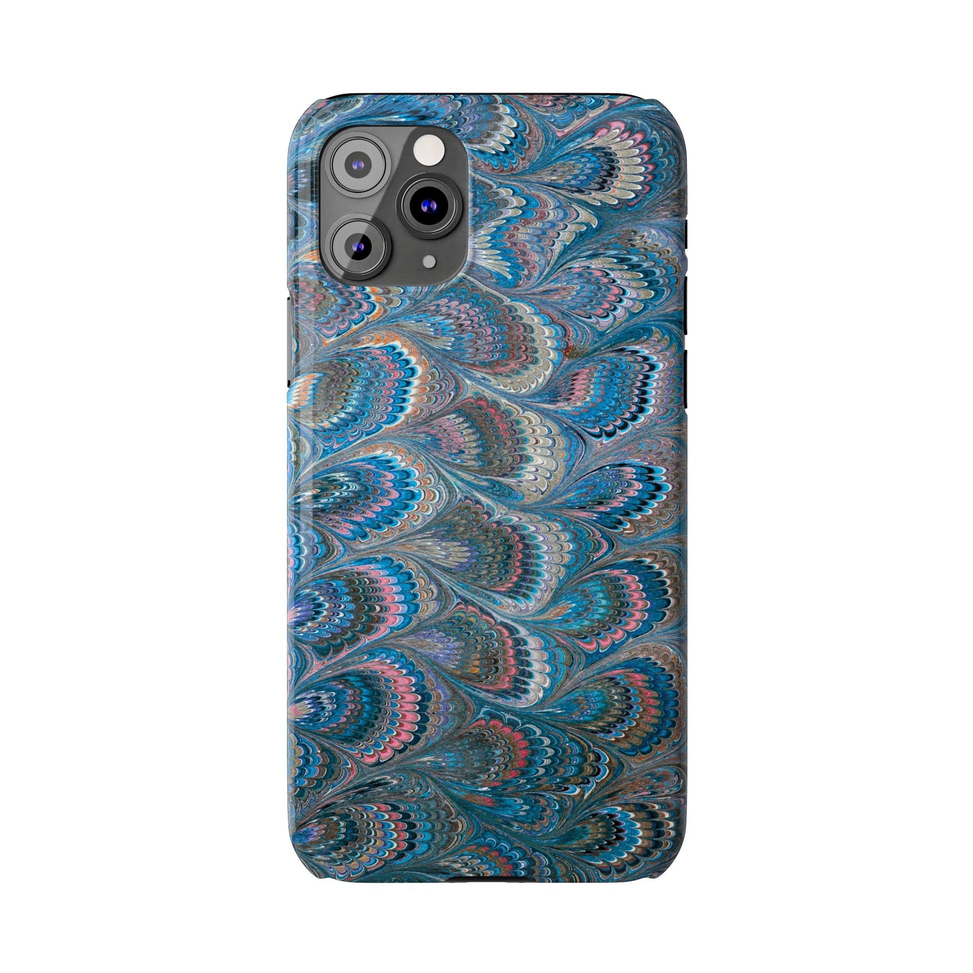 Blue and Pink FEATHER PEACKOCK Marbled VIntage Design, Italian Feather Phone Case, Slim Phone Cases, IPHONE 16 and all sizes