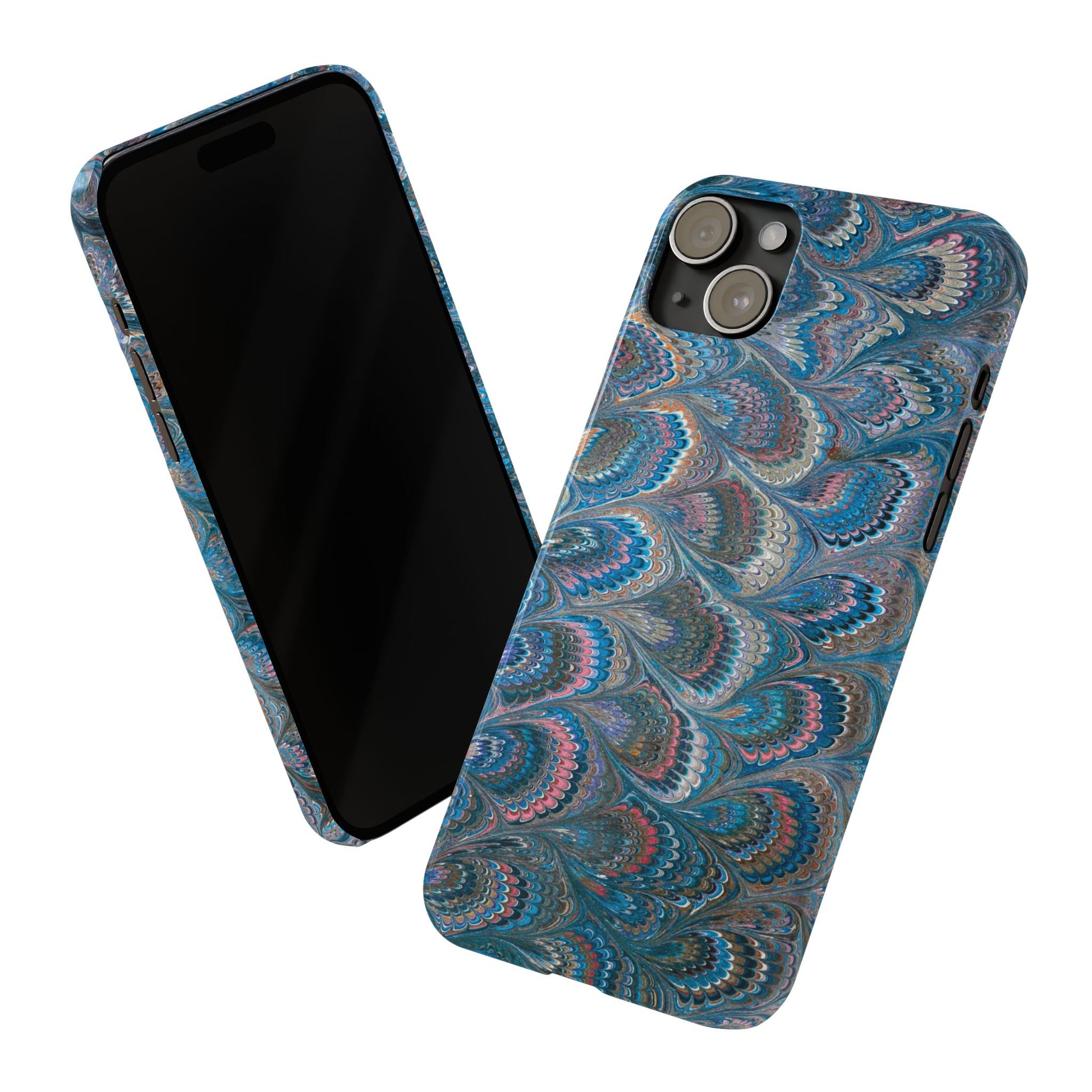 Blue and Pink FEATHER PEACKOCK Marbled VIntage Design, Italian Feather Phone Case, Slim Phone Cases, IPHONE 16 and all sizes