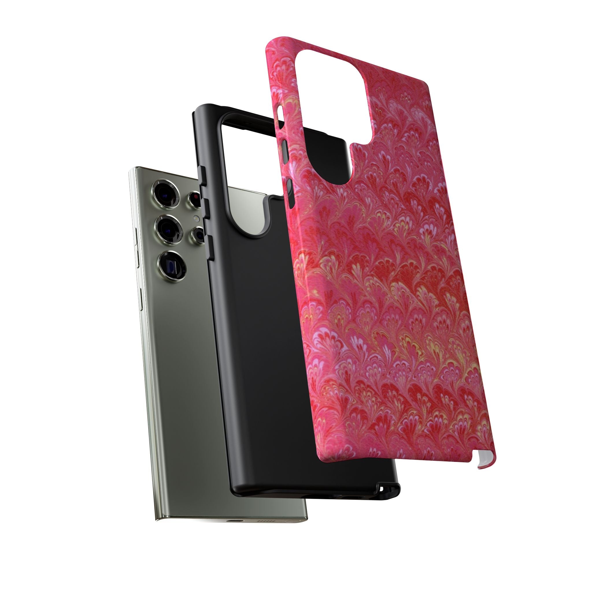 Pink and Gold Marbled Peacock Durable Phone Case - Olive Green and Brown - Matte or Glossy