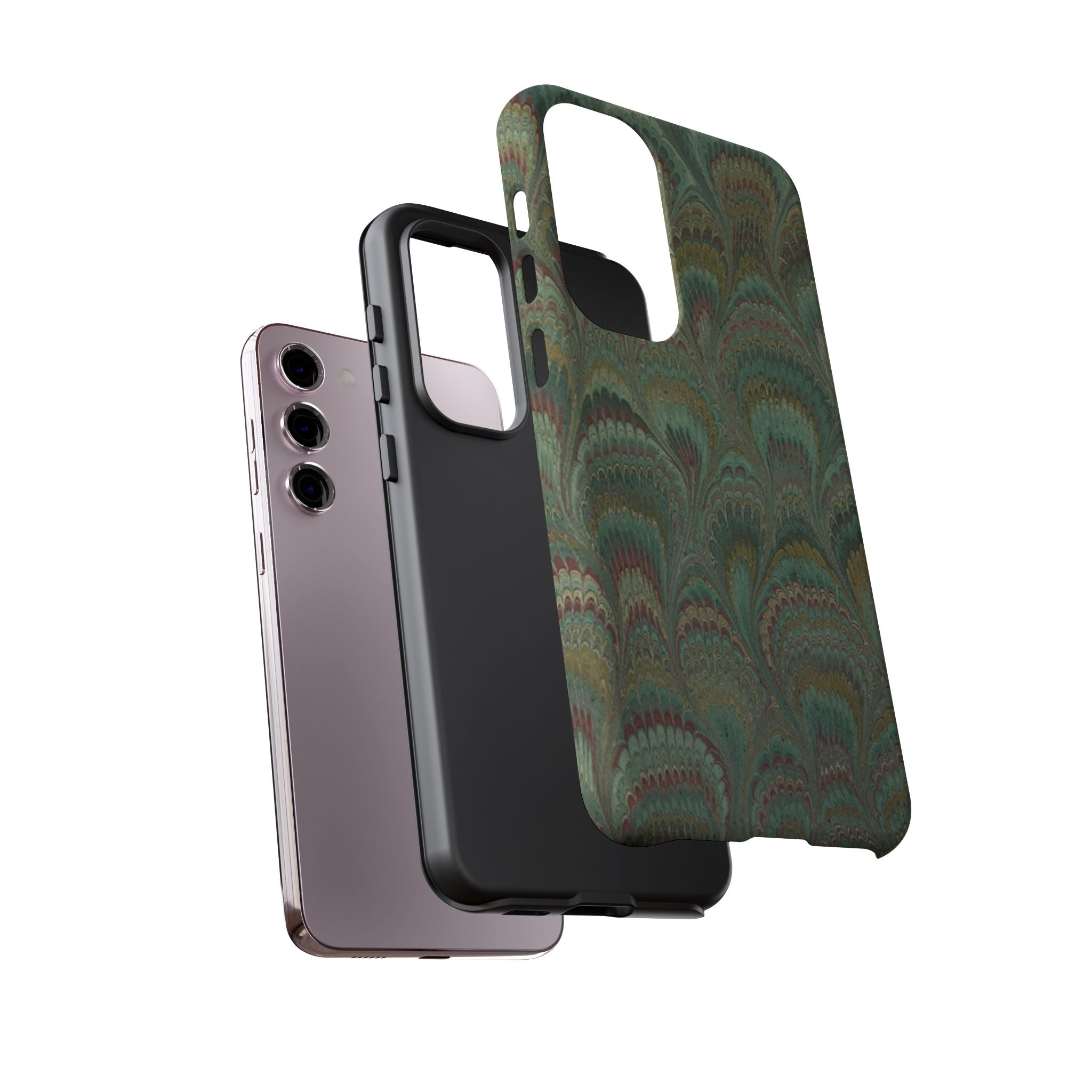 Marbled Peacock Durable Phone Case - Olive Green and Brown - Matte or Glossy