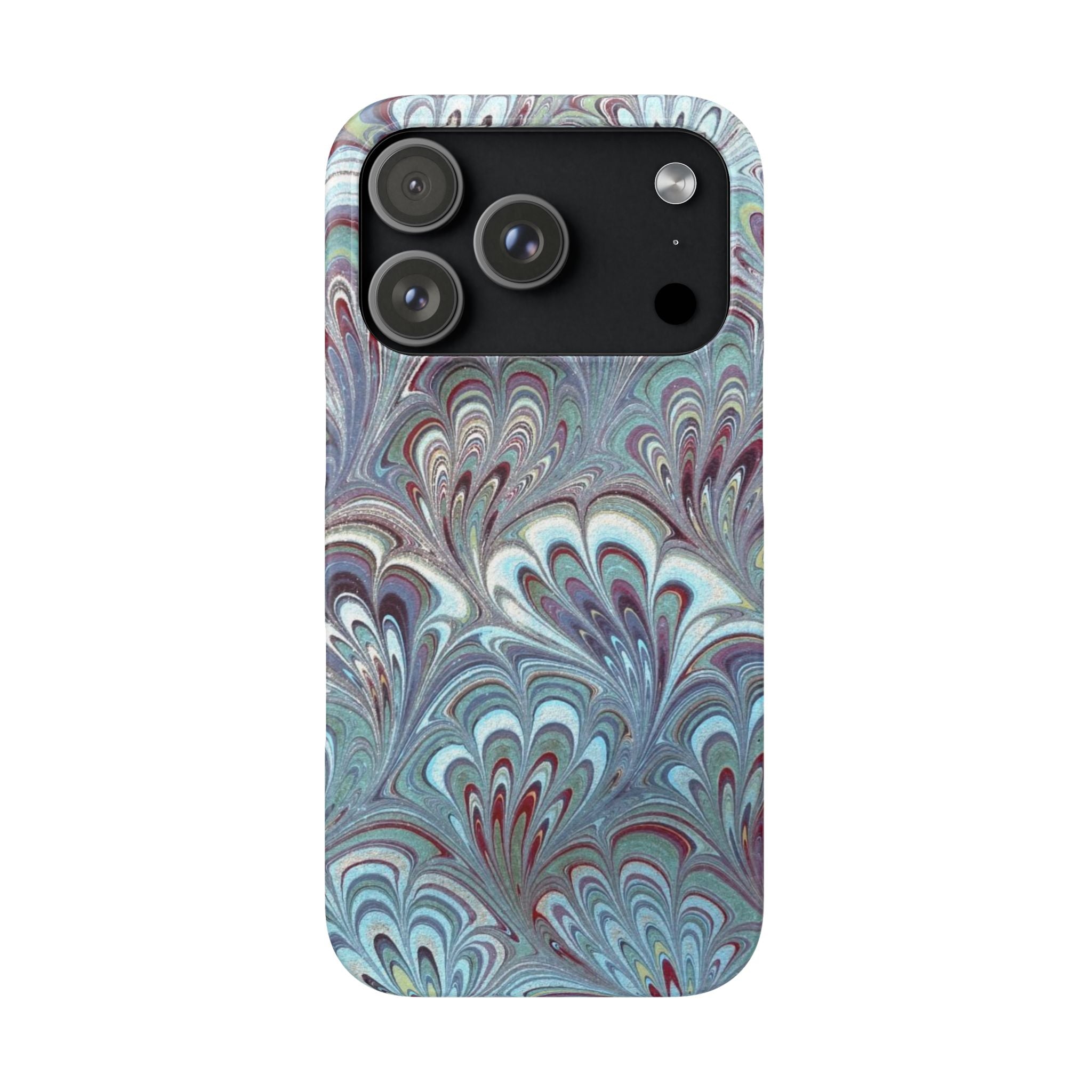 Marbled Feather Blue, White + Burgundy Swirl - Single Layer Slim Phone Case