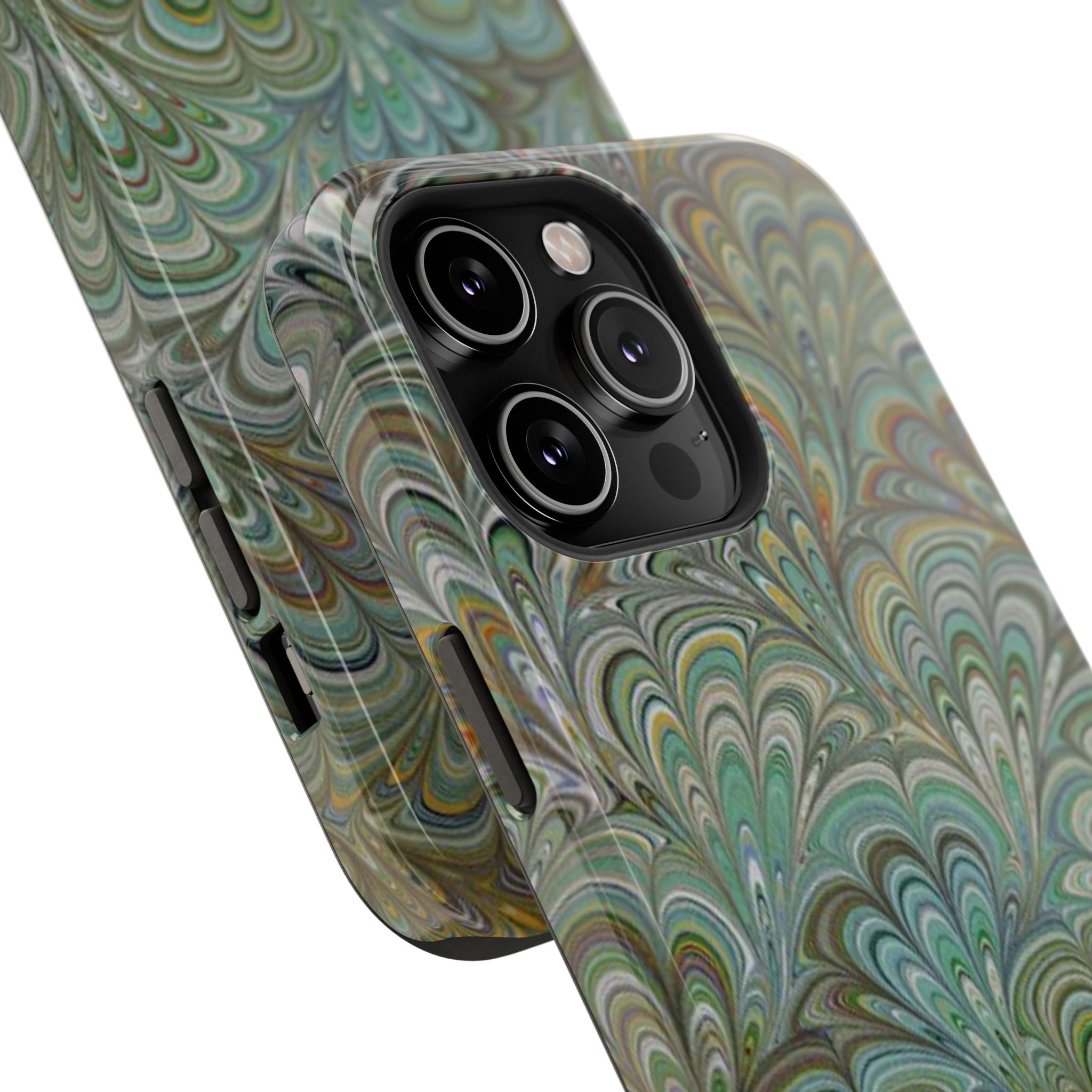 iPhone17 + All Models Phone Cases, Italian Peacock Feather Design, Stylish Impact-Resistant Shell, Protective Cover, Green Peacock Print