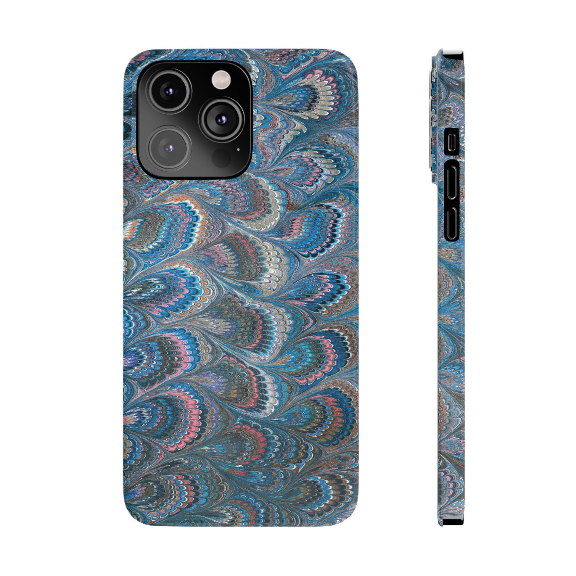 Blue and Pink FEATHER PEACKOCK Marbled VIntage Design, Italian Feather Phone Case, Slim Phone Cases, IPHONE 16 and all sizes