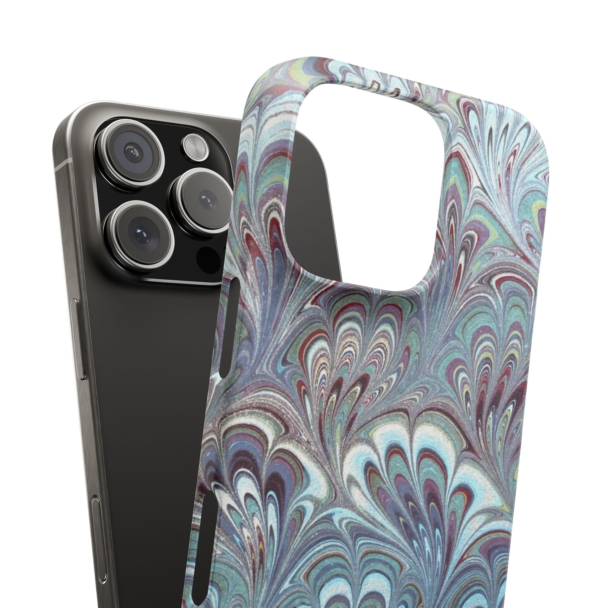 Marbled Feather Blue, White + Burgundy Swirl - Single Layer Slim Phone Case