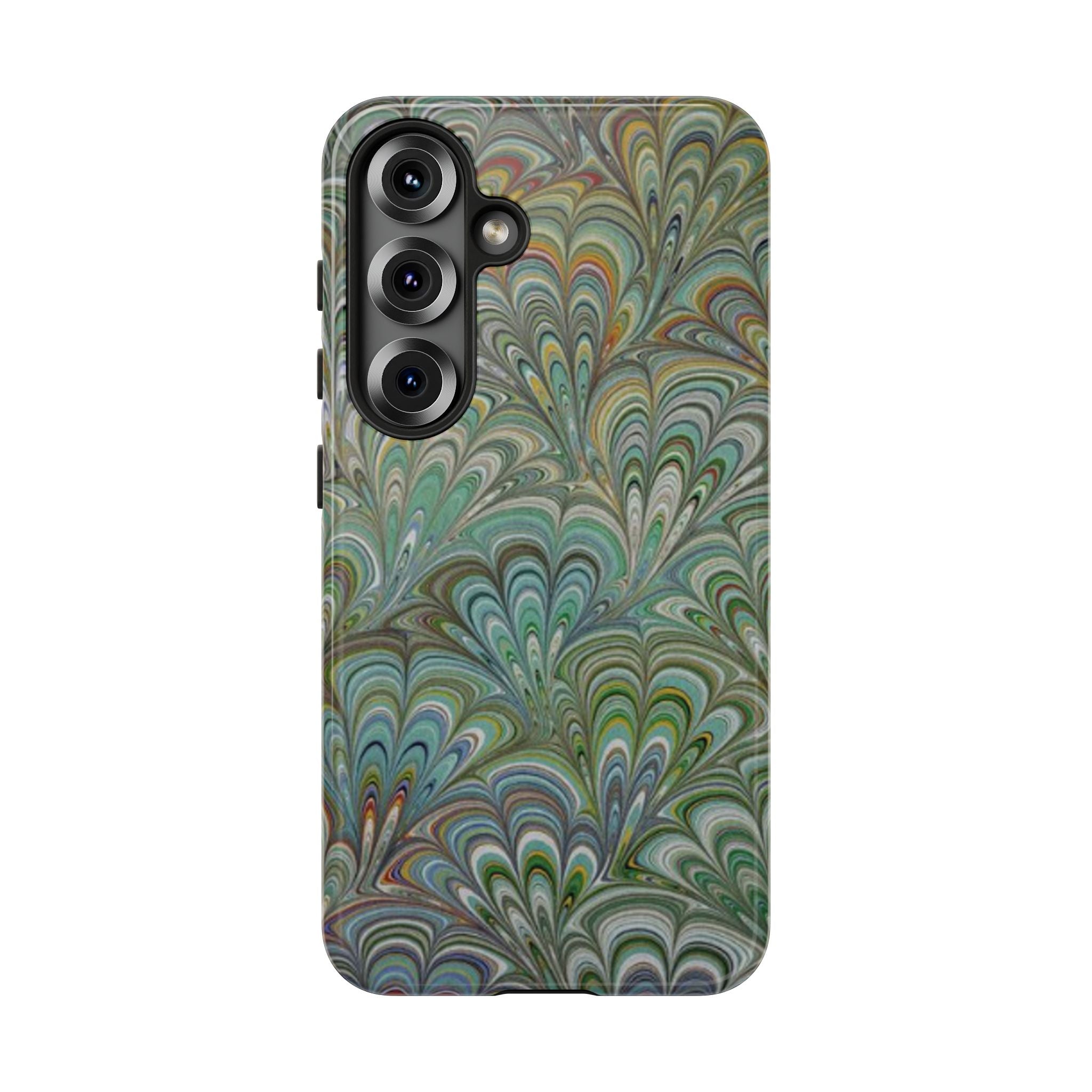 Green Marbled Peacock Durable Phone Case - Olive Green and Brown - Matte or Glossy