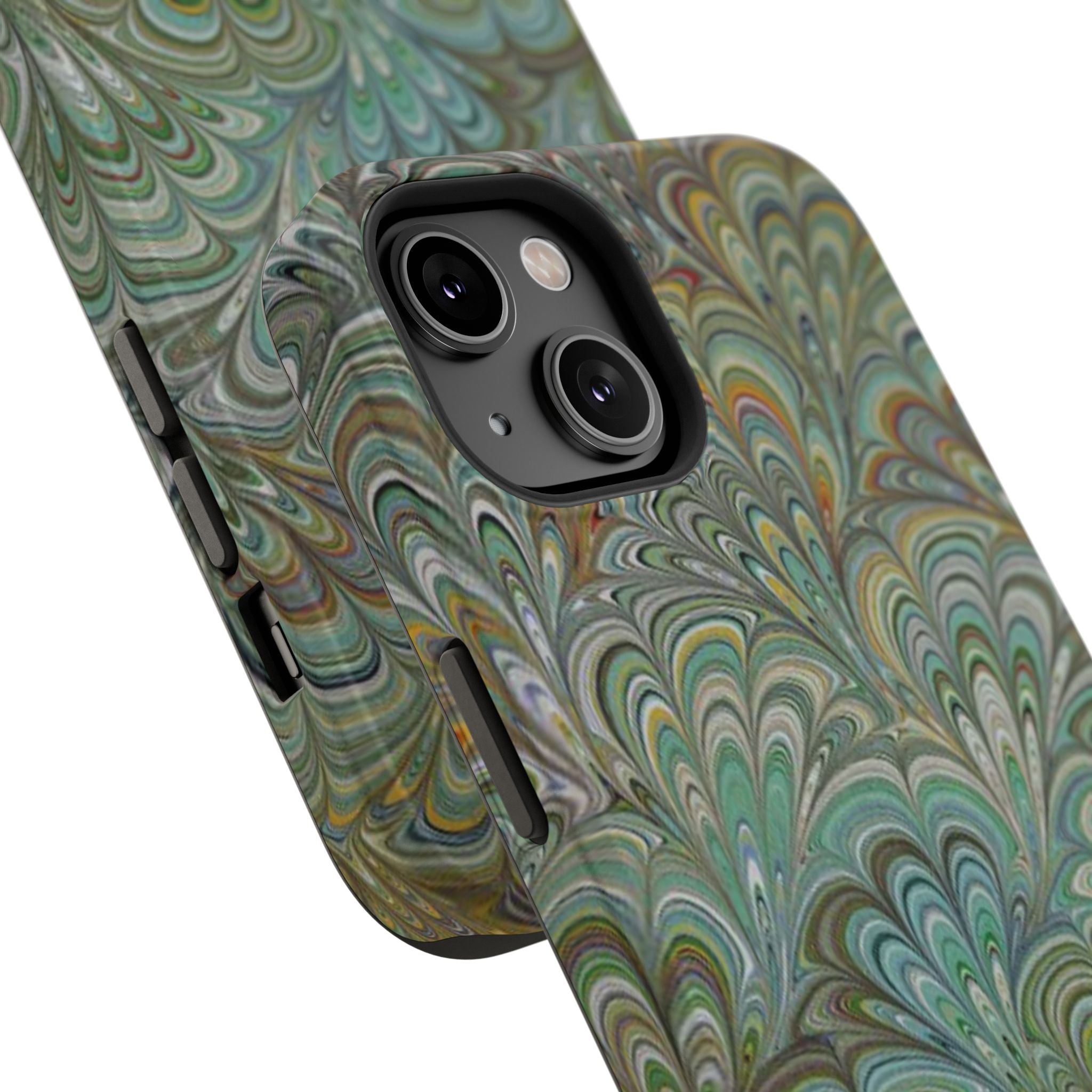 iPhone17 + All Models Phone Cases, Italian Peacock Feather Design, Stylish Impact-Resistant Shell, Protective Cover, Green Peacock Print
