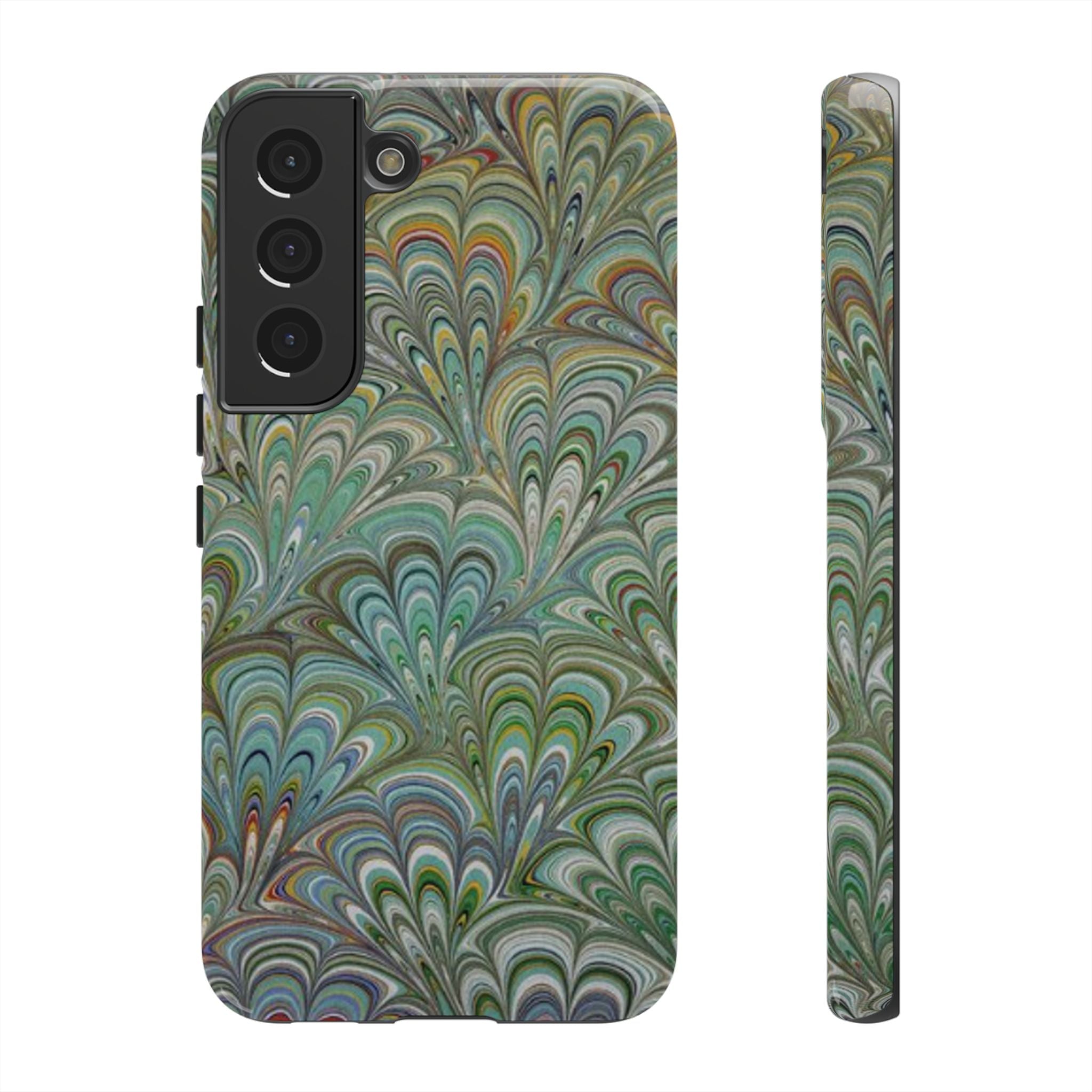 Green Marbled Peacock Durable Phone Case - Olive Green and Brown - Matte or Glossy