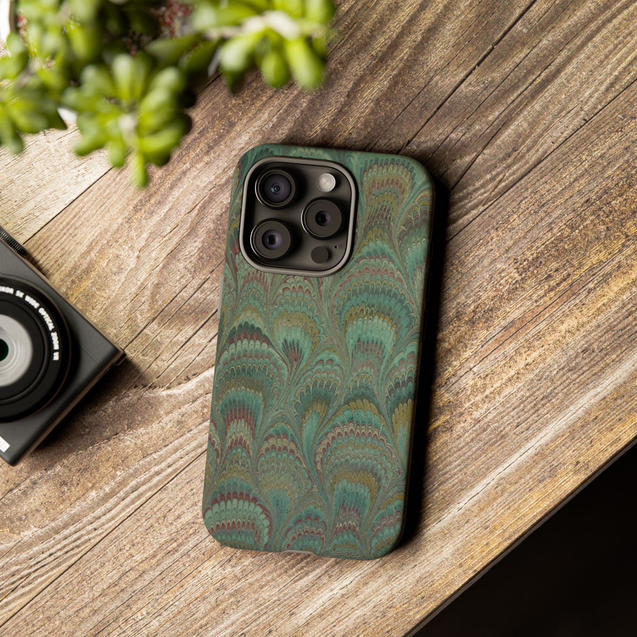 Marbled Peacock Durable Phone Case - Olive Green and Brown - Matte or Glossy