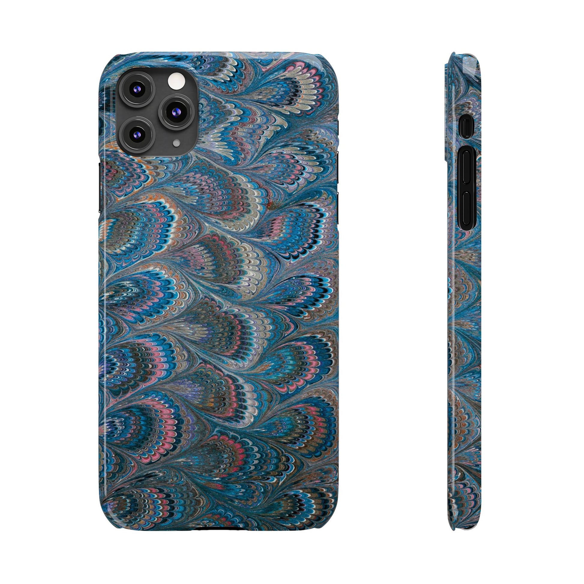 Blue and Pink FEATHER PEACKOCK Marbled VIntage Design, Italian Feather Phone Case, Slim Phone Cases, IPHONE 16 and all sizes