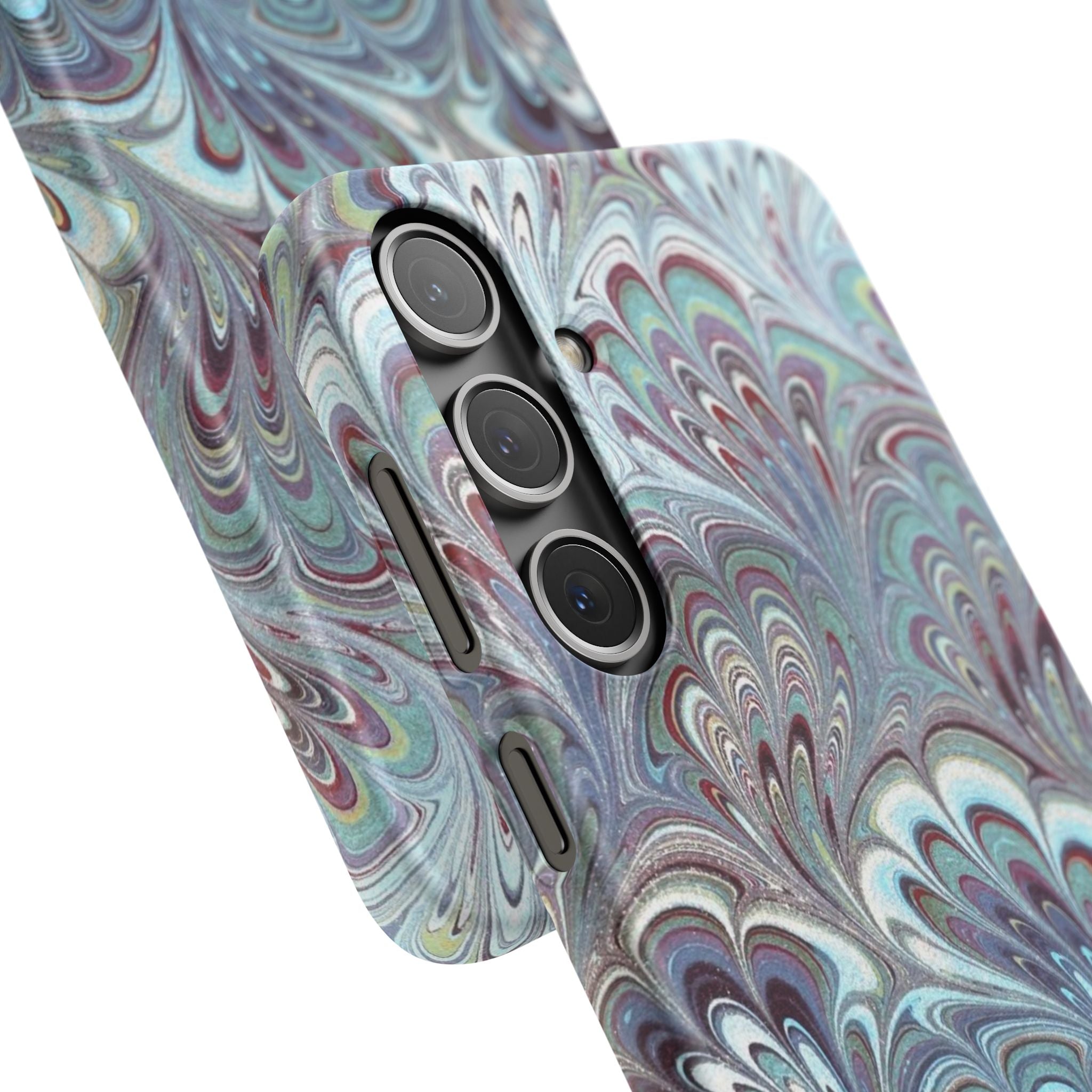 Marbled Feather Blue, White + Burgundy Swirl - Single Layer Slim Phone Case