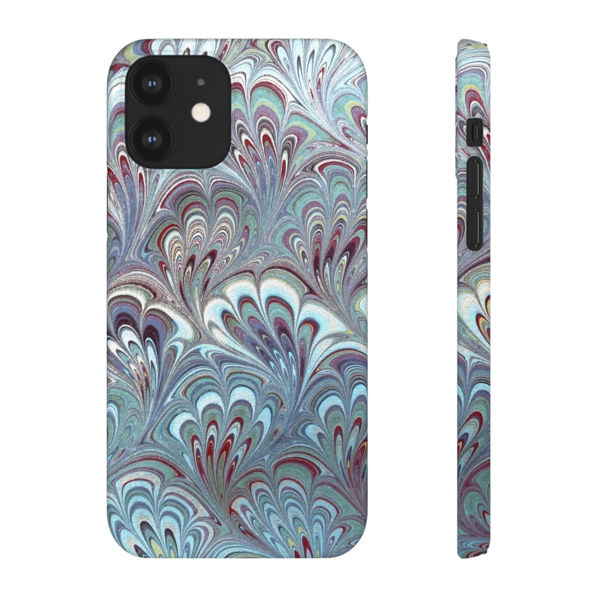Marbled Feather Blue, White + Burgundy Swirl - Single Layer Slim Phone Case