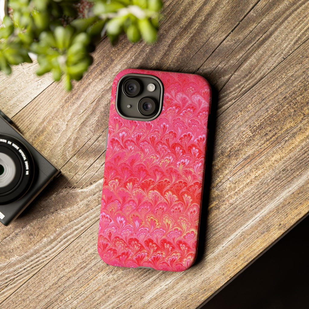 Pink and Gold Marbled Peacock Durable Phone Case - Olive Green and Brown - Matte or Glossy