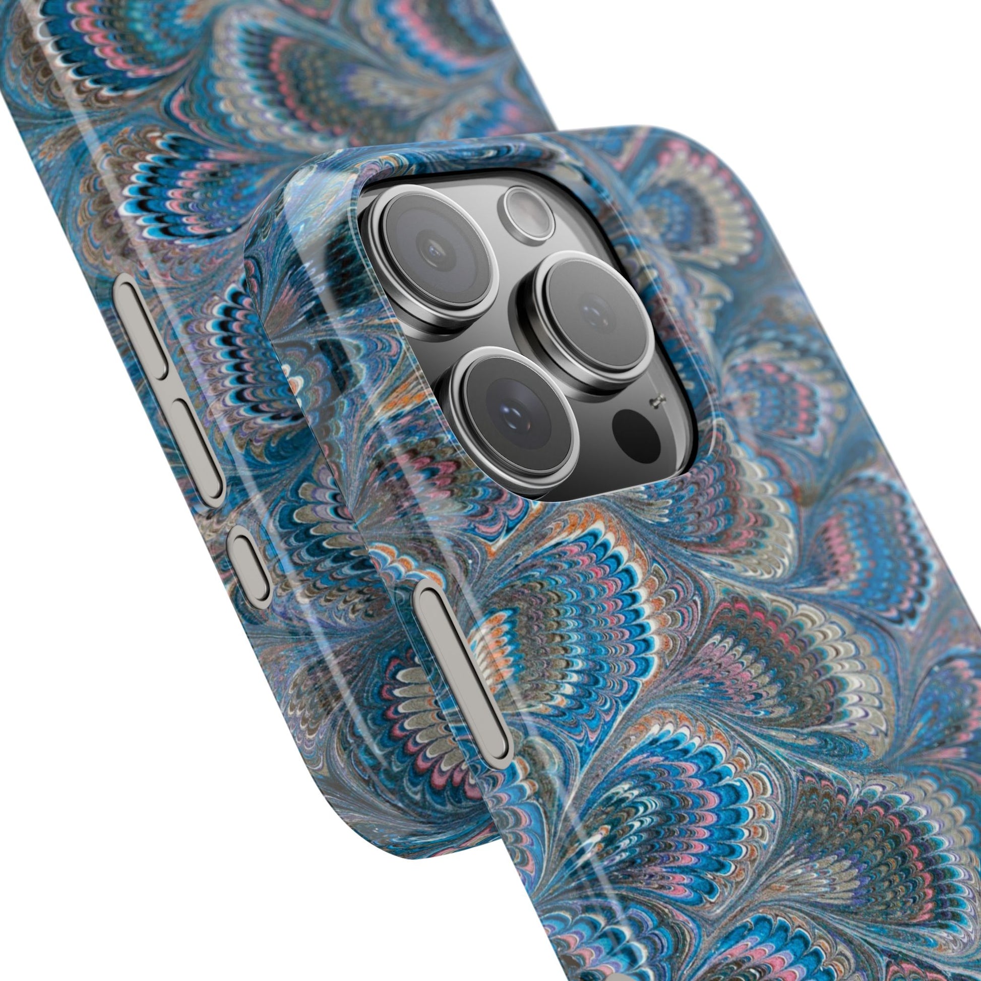 Blue and Pink FEATHER PEACKOCK Marbled VIntage Design, Italian Feather Phone Case, Slim Phone Cases, IPHONE 16 and all sizes