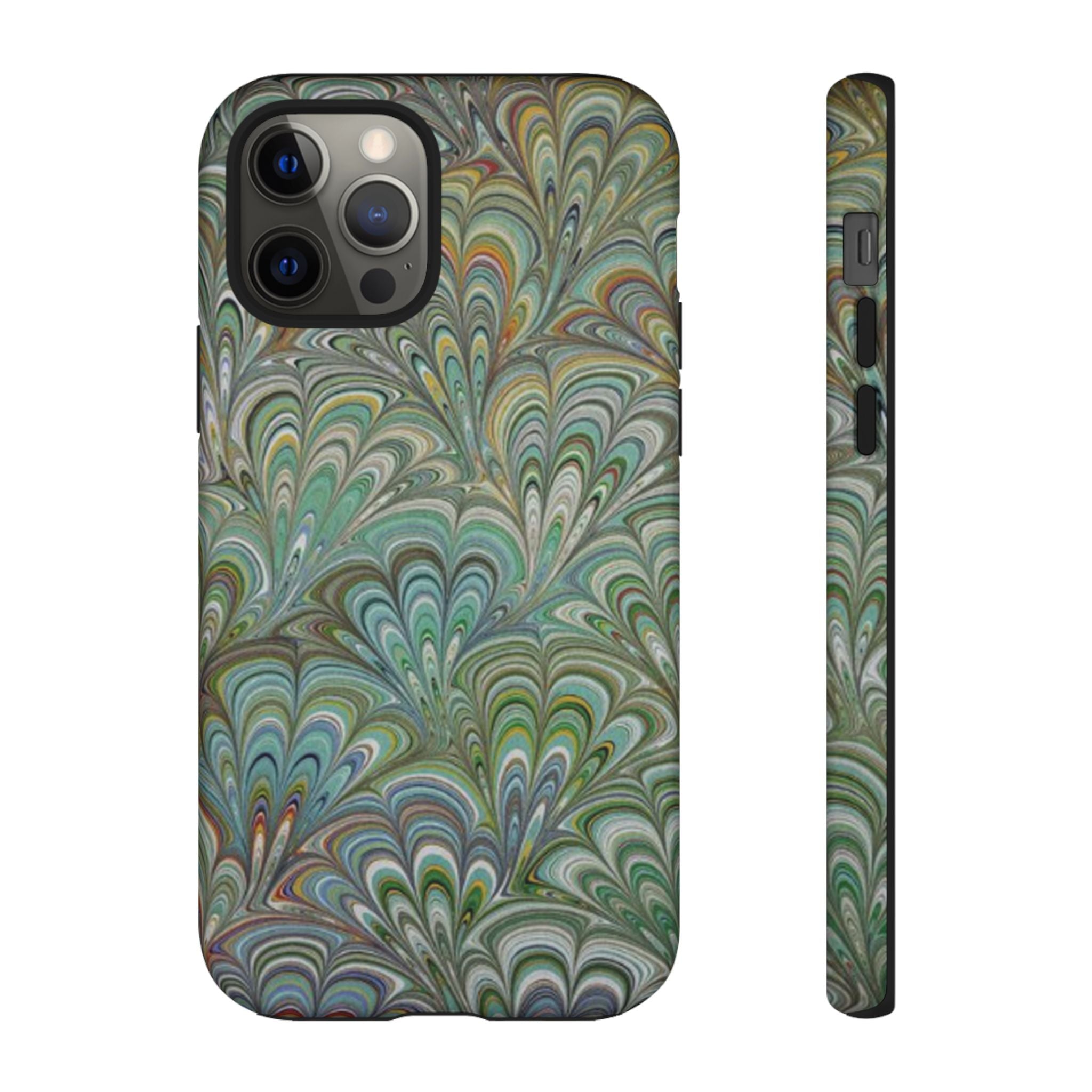 Green Marbled Peacock Durable Phone Case - Olive Green and Brown - Matte or Glossy