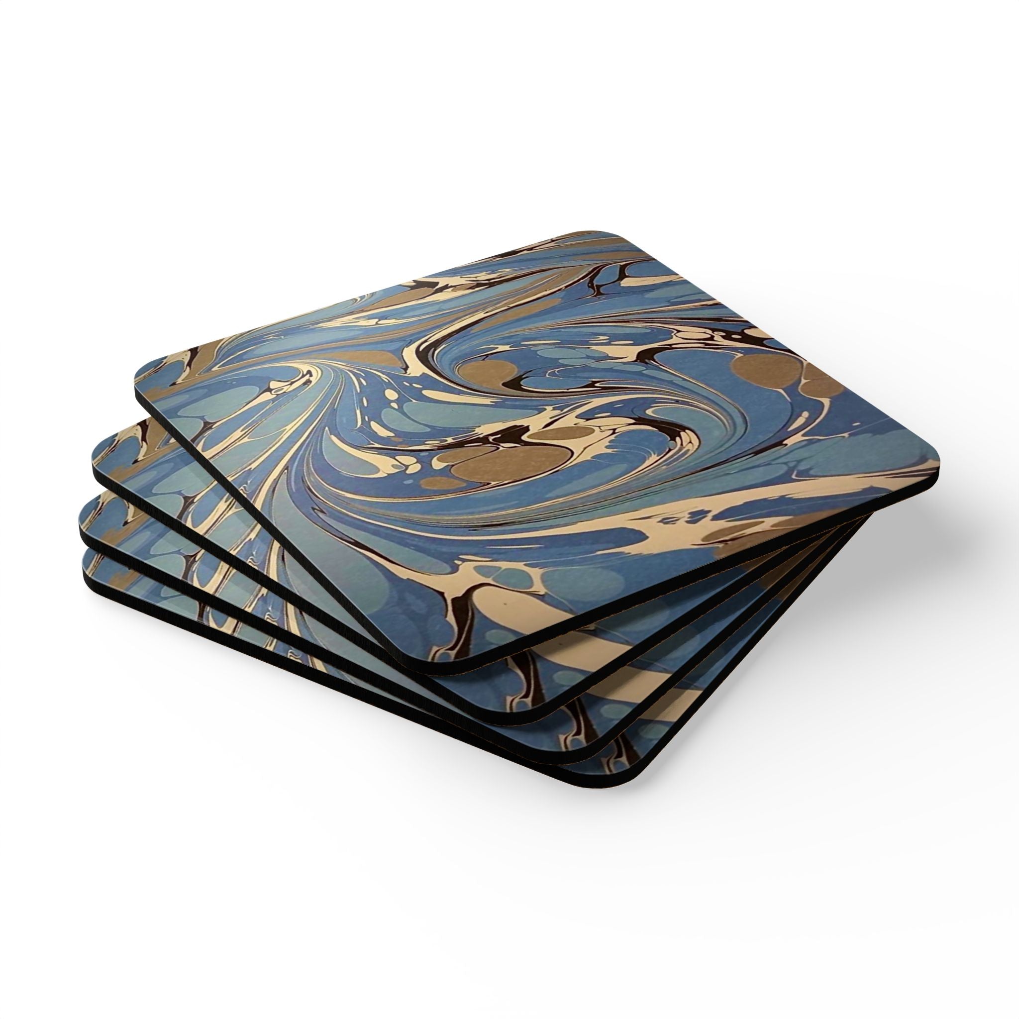 Blue Italian Marbled Cork Coaster Set, Modern Minimalist Drink Coasters (4-Pack)