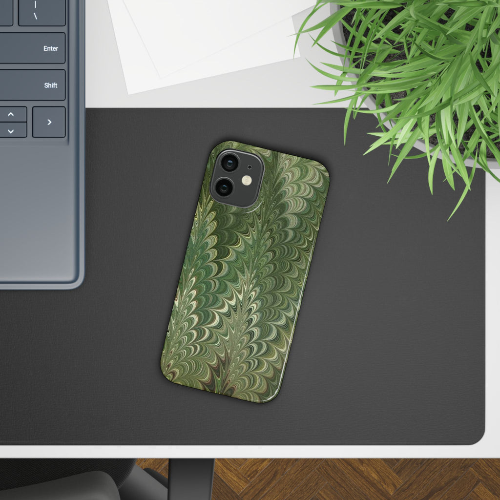 Green Marbled Slim Phone Case — Botanical Swirl Pattern Slim Case