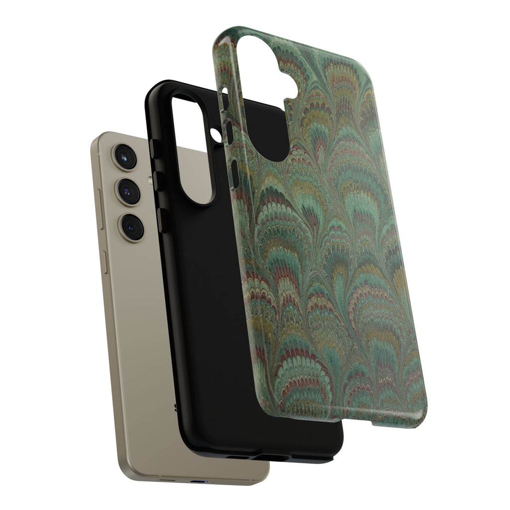 Marbled Peacock Durable Phone Case - Olive Green and Brown - Matte or Glossy