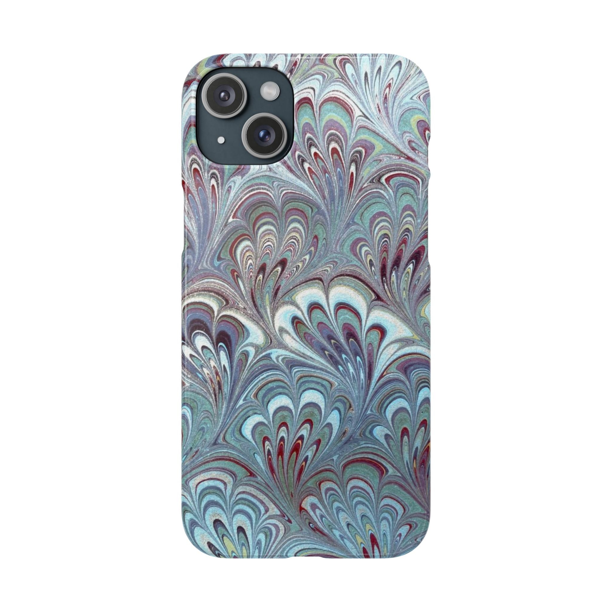 Marbled Feather Blue, White + Burgundy Swirl - Single Layer Slim Phone Case