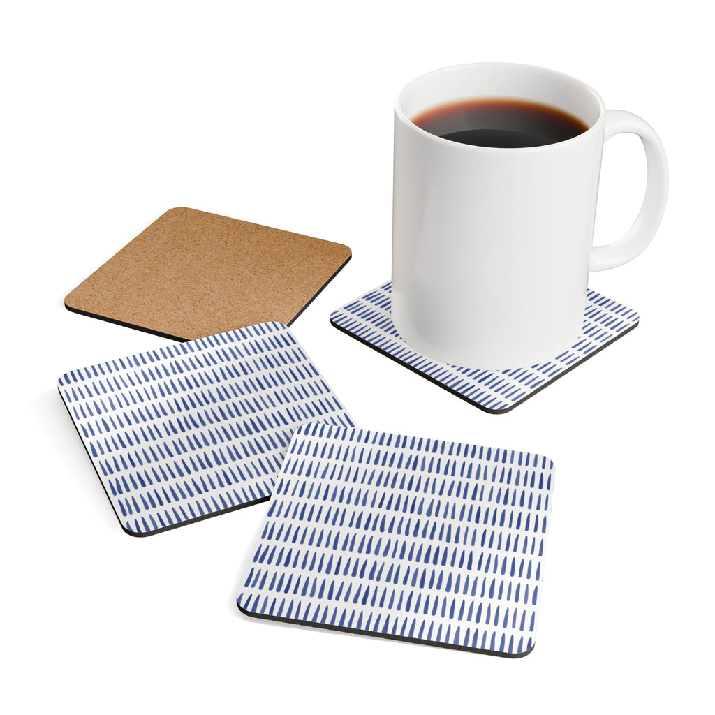 Blue Tally Pattern Cork Coaster Set - Modern Minimalist Drink Coasters (4-Pack)