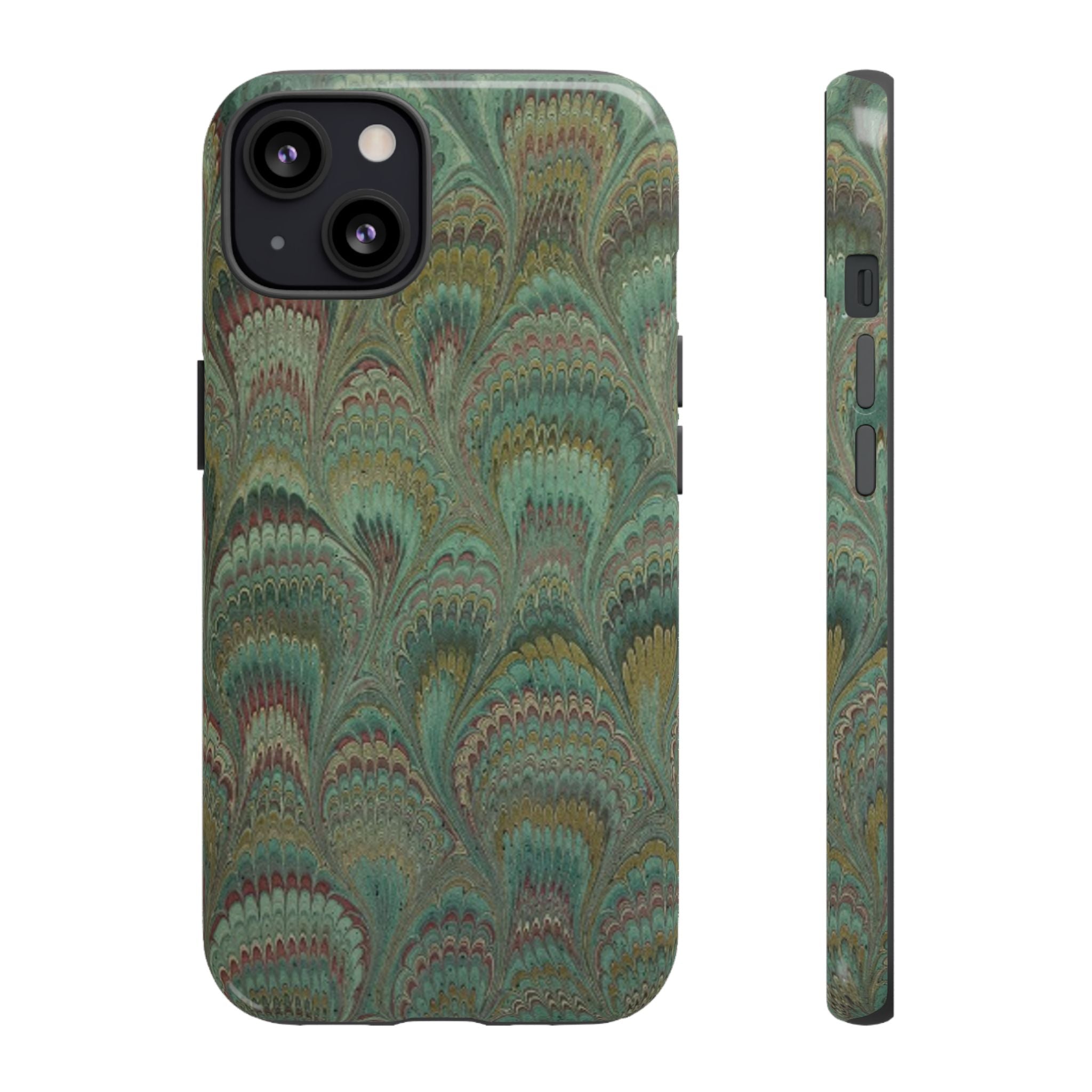Marbled Peacock Durable Phone Case - Olive Green and Brown - Matte or Glossy