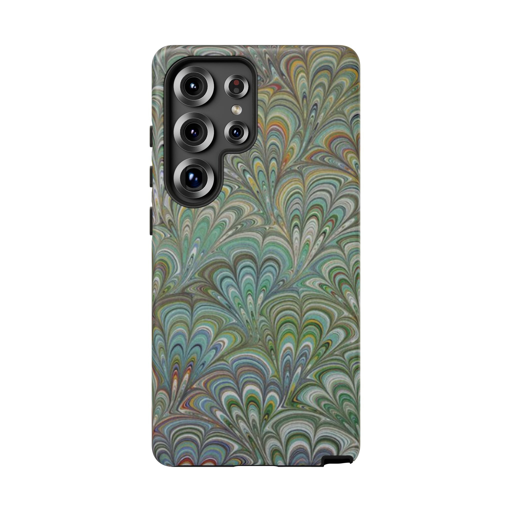 Green Marbled Peacock Durable Phone Case - Olive Green and Brown - Matte or Glossy