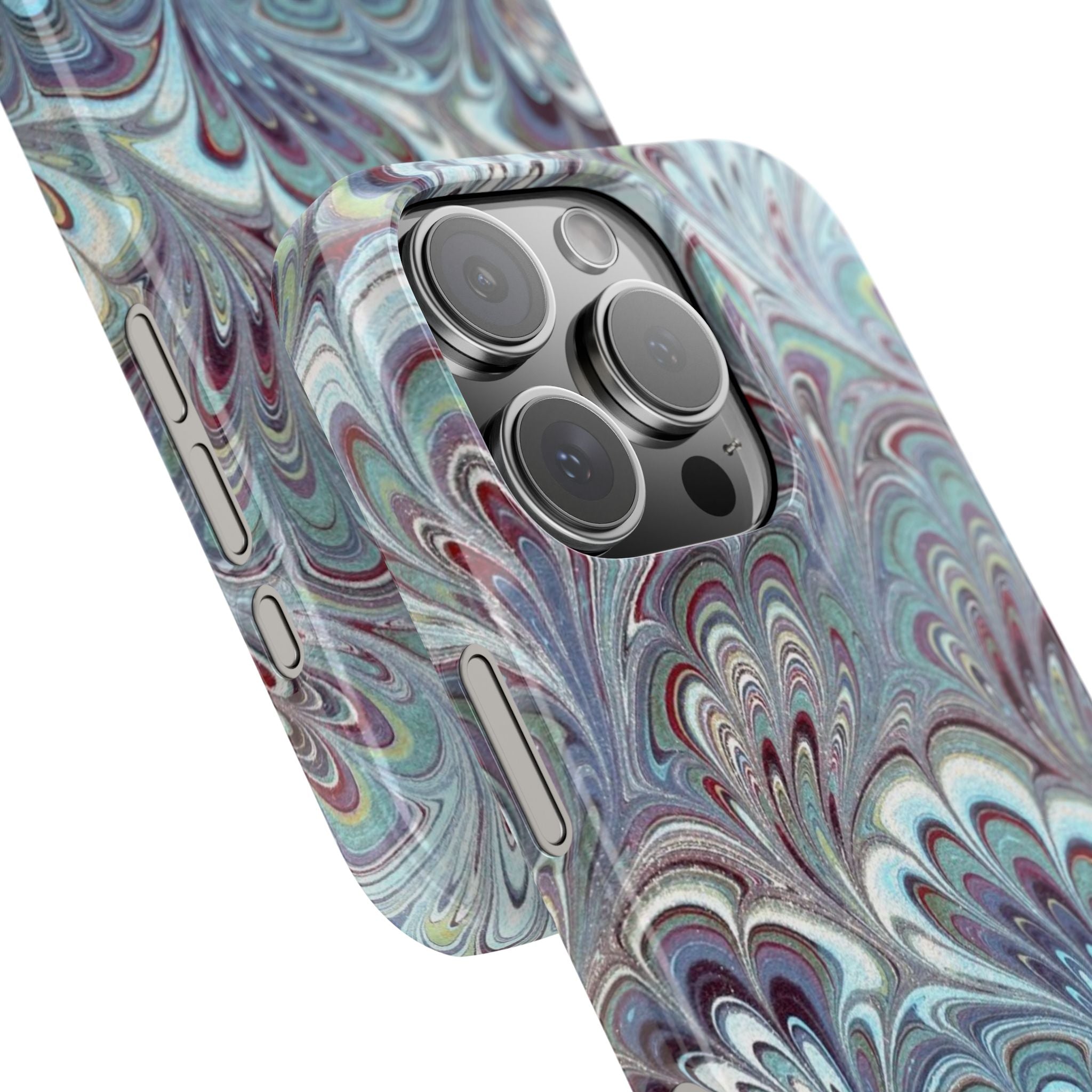 Marbled Feather Blue, White + Burgundy Swirl - Single Layer Slim Phone Case