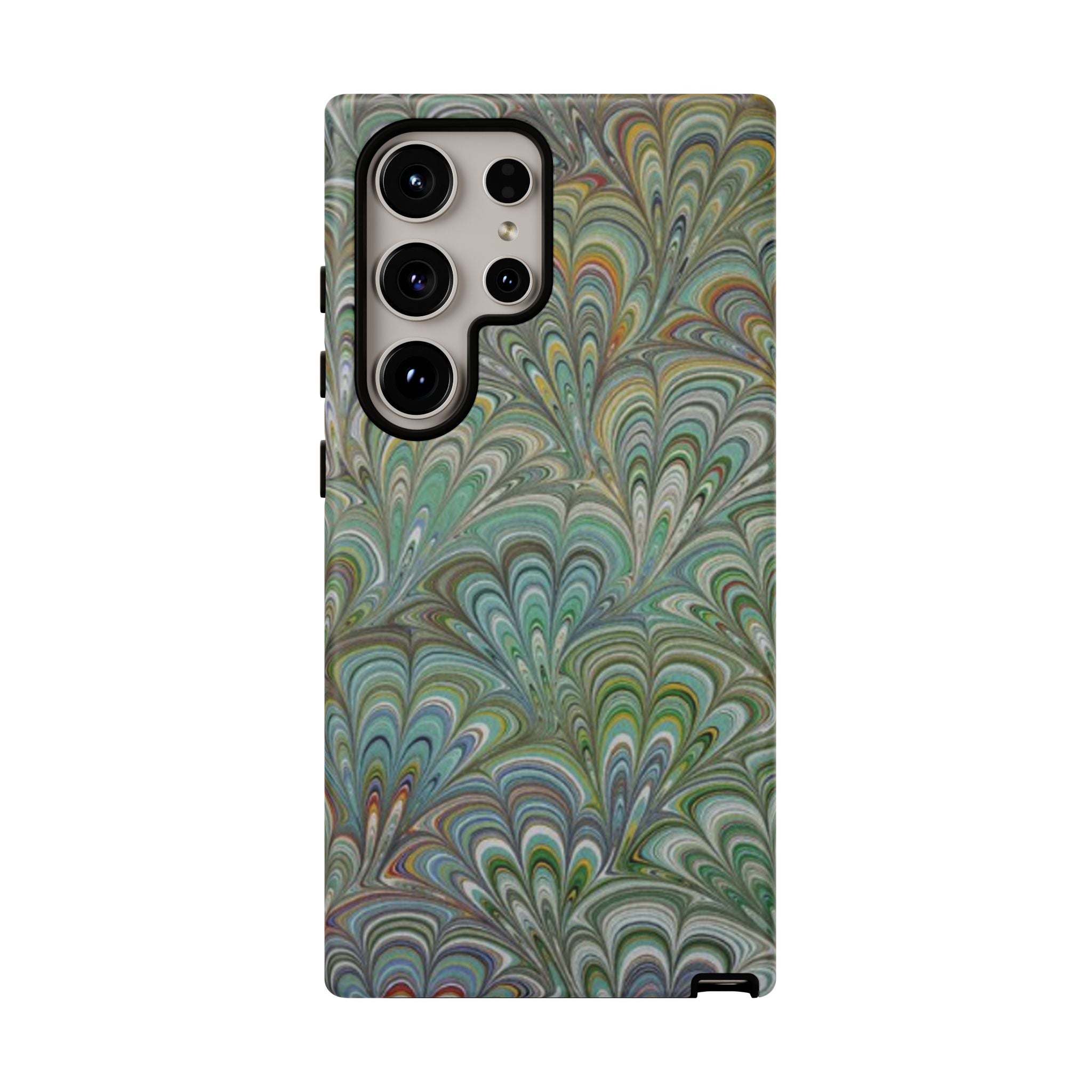 Green Marbled Peacock Durable Phone Case - Olive Green and Brown - Matte or Glossy