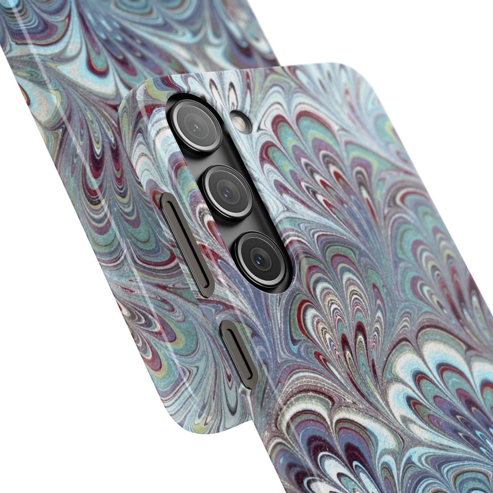 Marbled Feather Blue, White + Burgundy Swirl - Single Layer Slim Phone Case