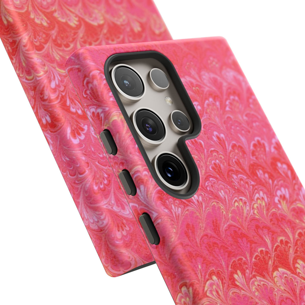 Pink and Gold Marbled Peacock Durable Phone Case - Olive Green and Brown - Matte or Glossy
