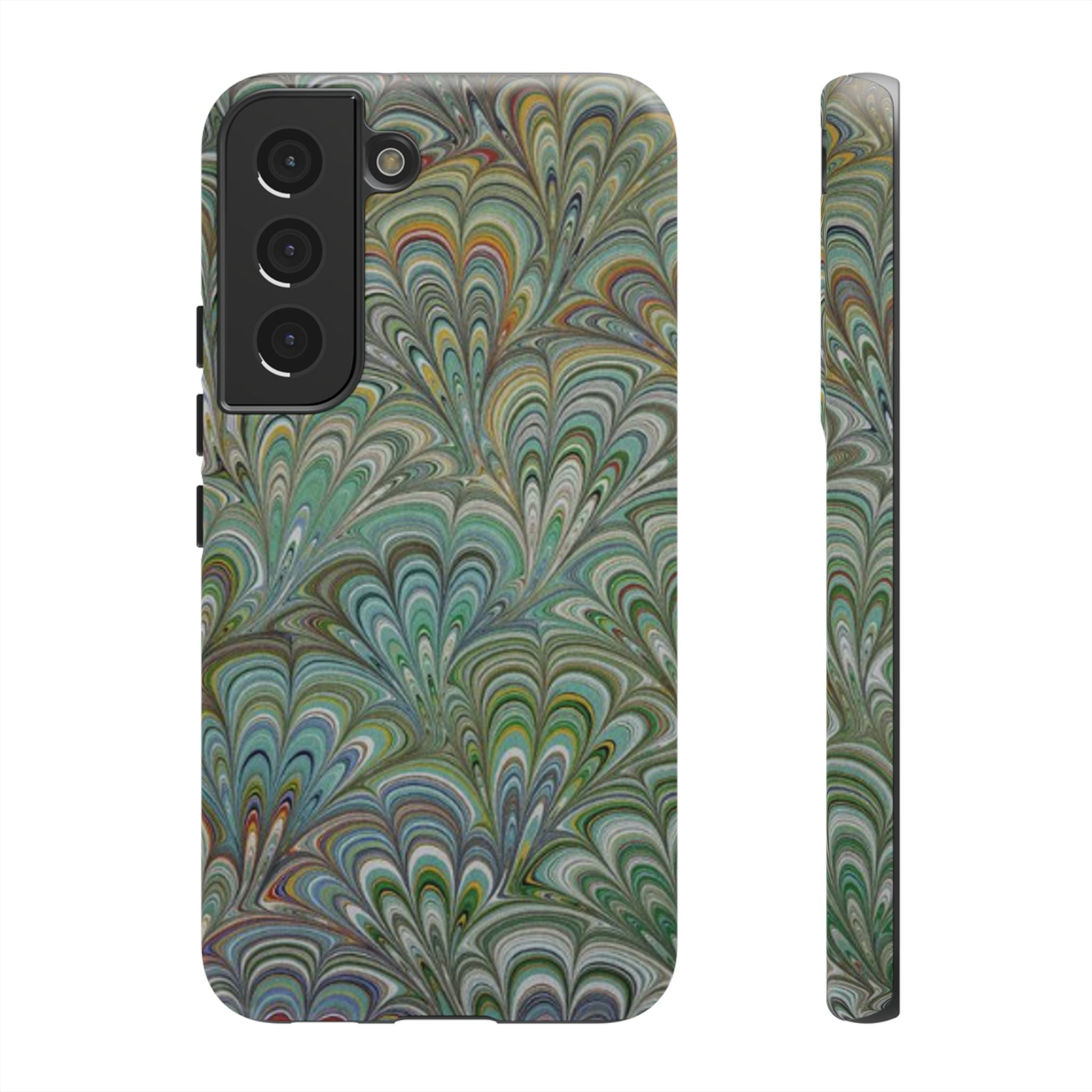 Green Marbled Peacock Durable Phone Case - Olive Green and Brown - Matte or Glossy
