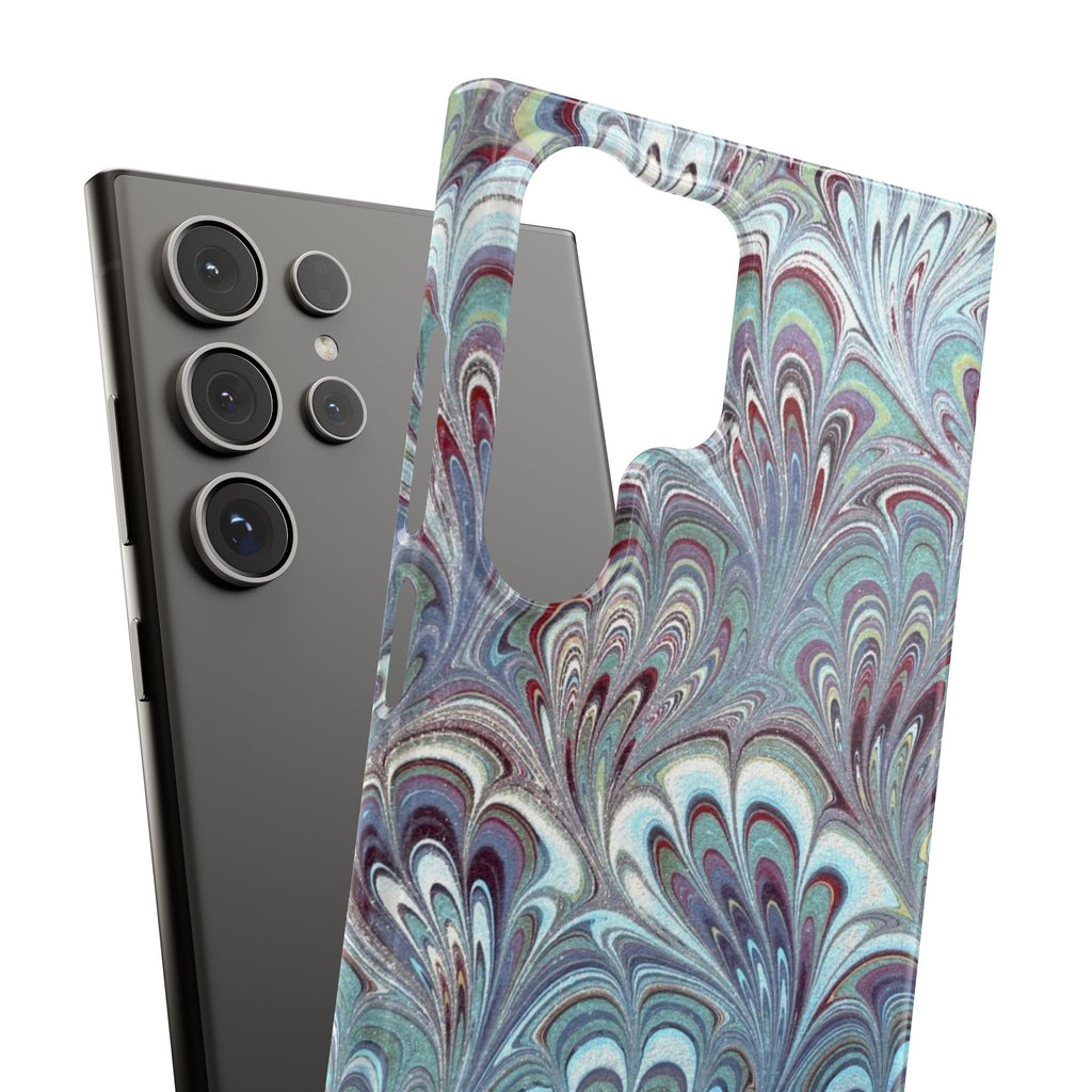 Marbled Feather Blue, White + Burgundy Swirl - Single Layer Slim Phone Case