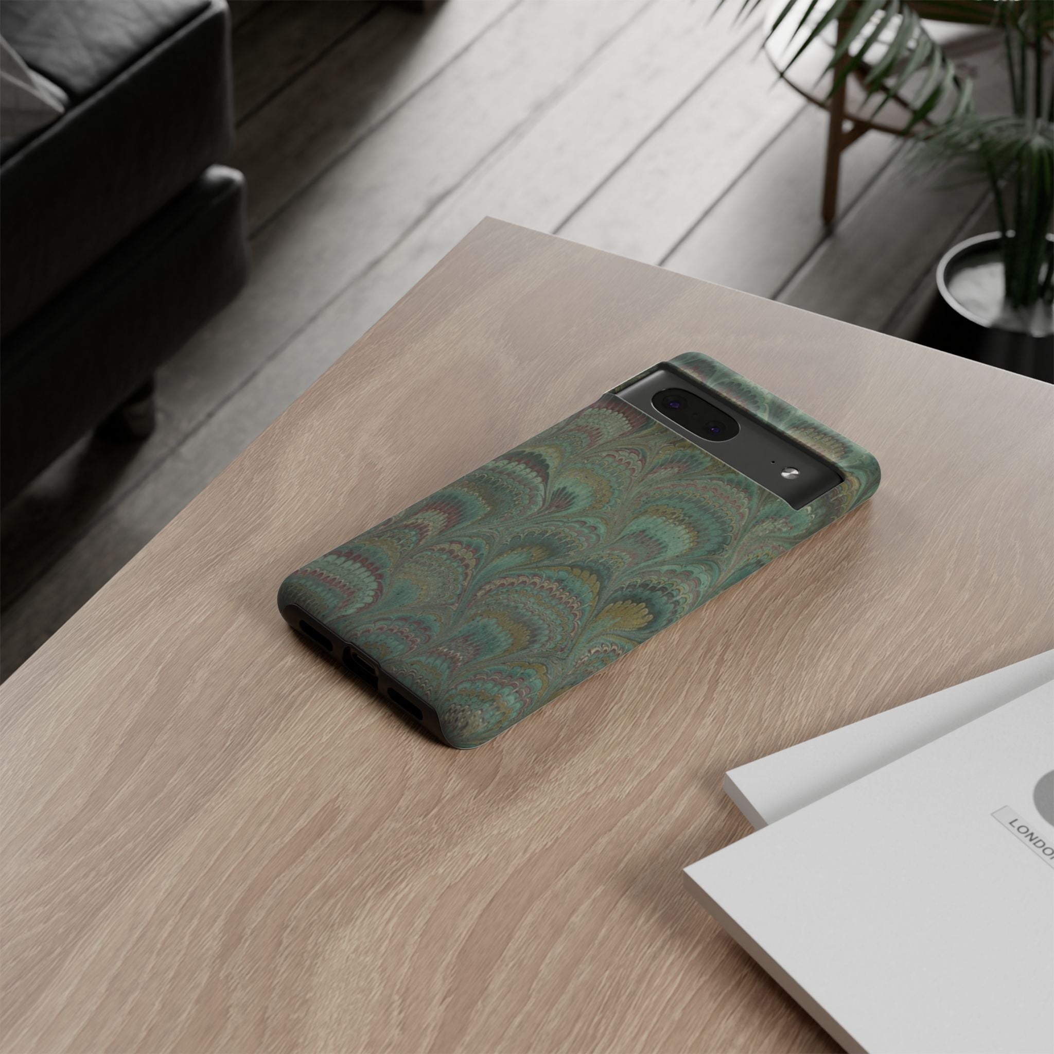 Marbled Peacock Durable Phone Case - Olive Green and Brown - Matte or Glossy