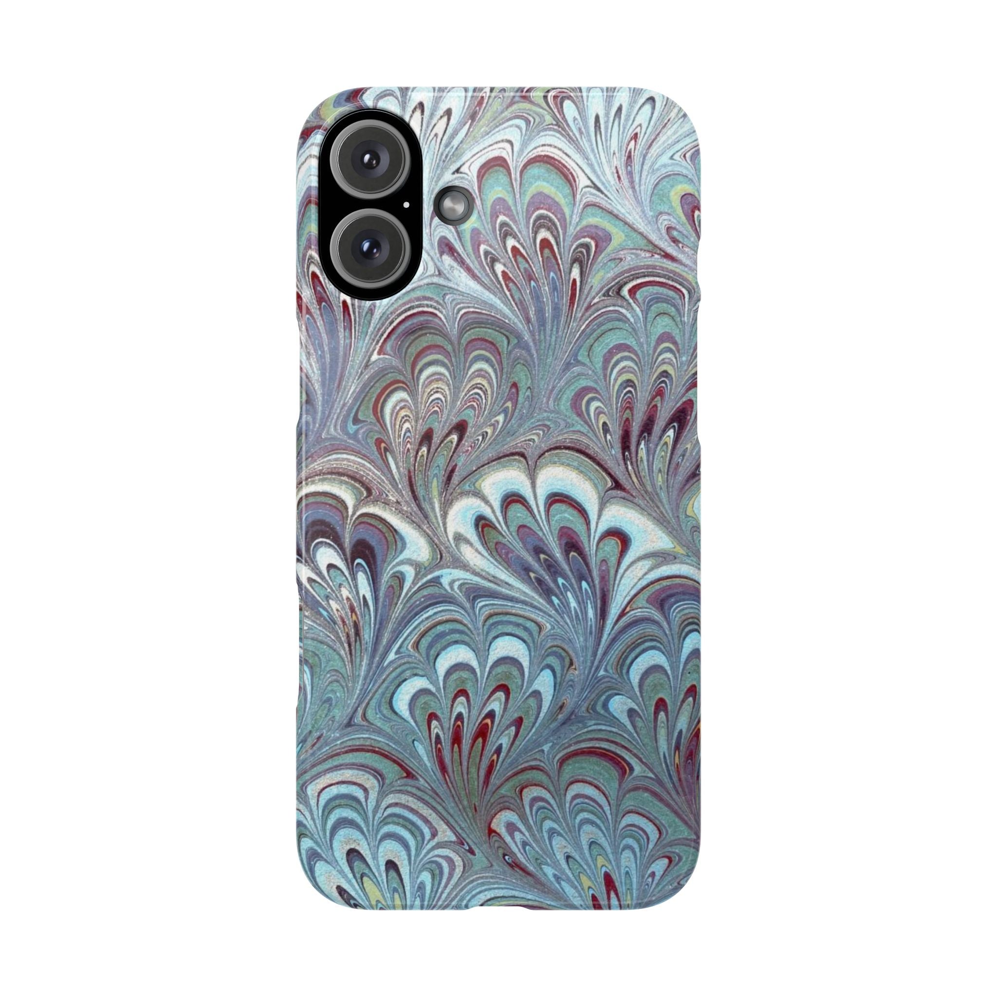 Marbled Feather Blue, White + Burgundy Swirl - Single Layer Slim Phone Case