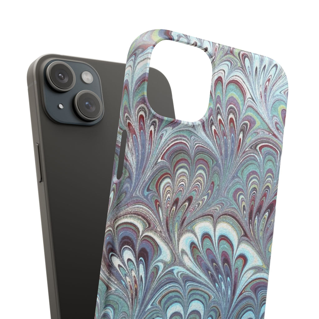 Marbled Feather Blue, White + Burgundy Swirl - Single Layer Slim Phone Case