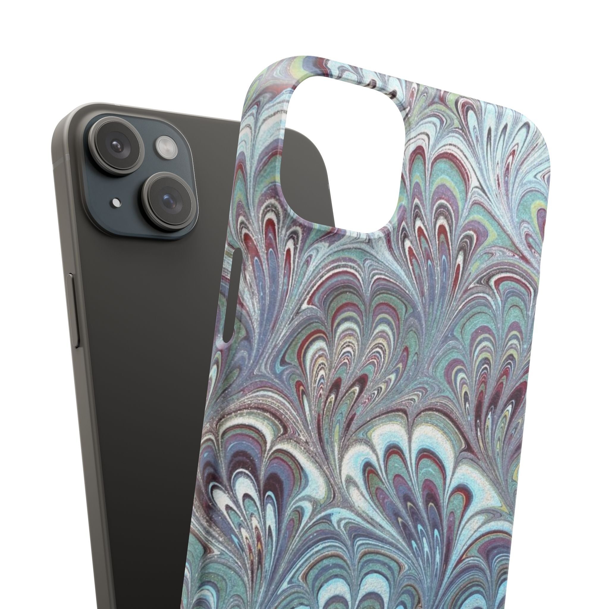 Marbled Feather Blue, White + Burgundy Swirl - Single Layer Slim Phone Case