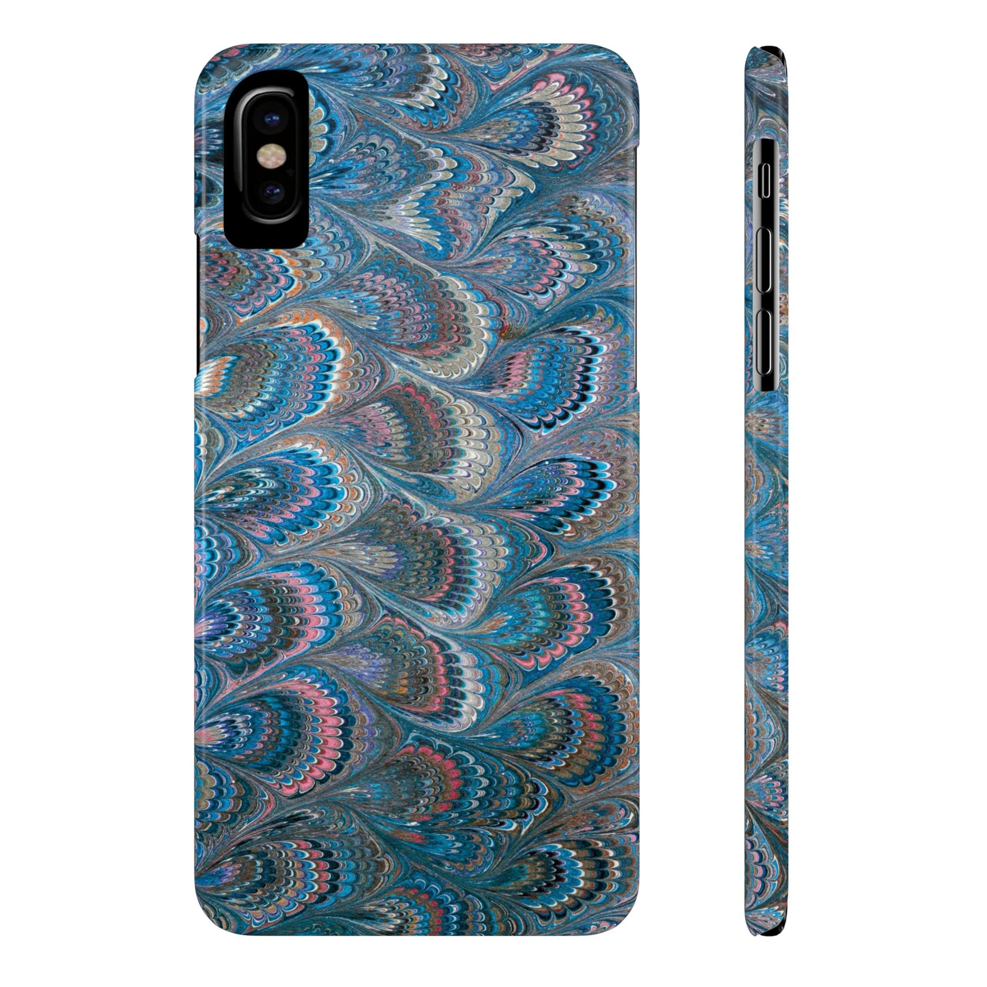 Blue and Pink FEATHER PEACKOCK Marbled VIntage Design, Italian Feather Phone Case, Slim Phone Cases, IPHONE 16 and all sizes