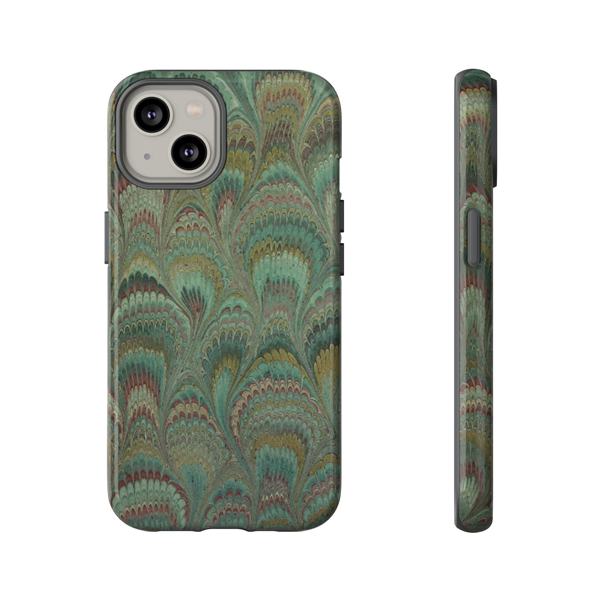 Marbled Peacock Durable Phone Case - Olive Green and Brown - Matte or Glossy