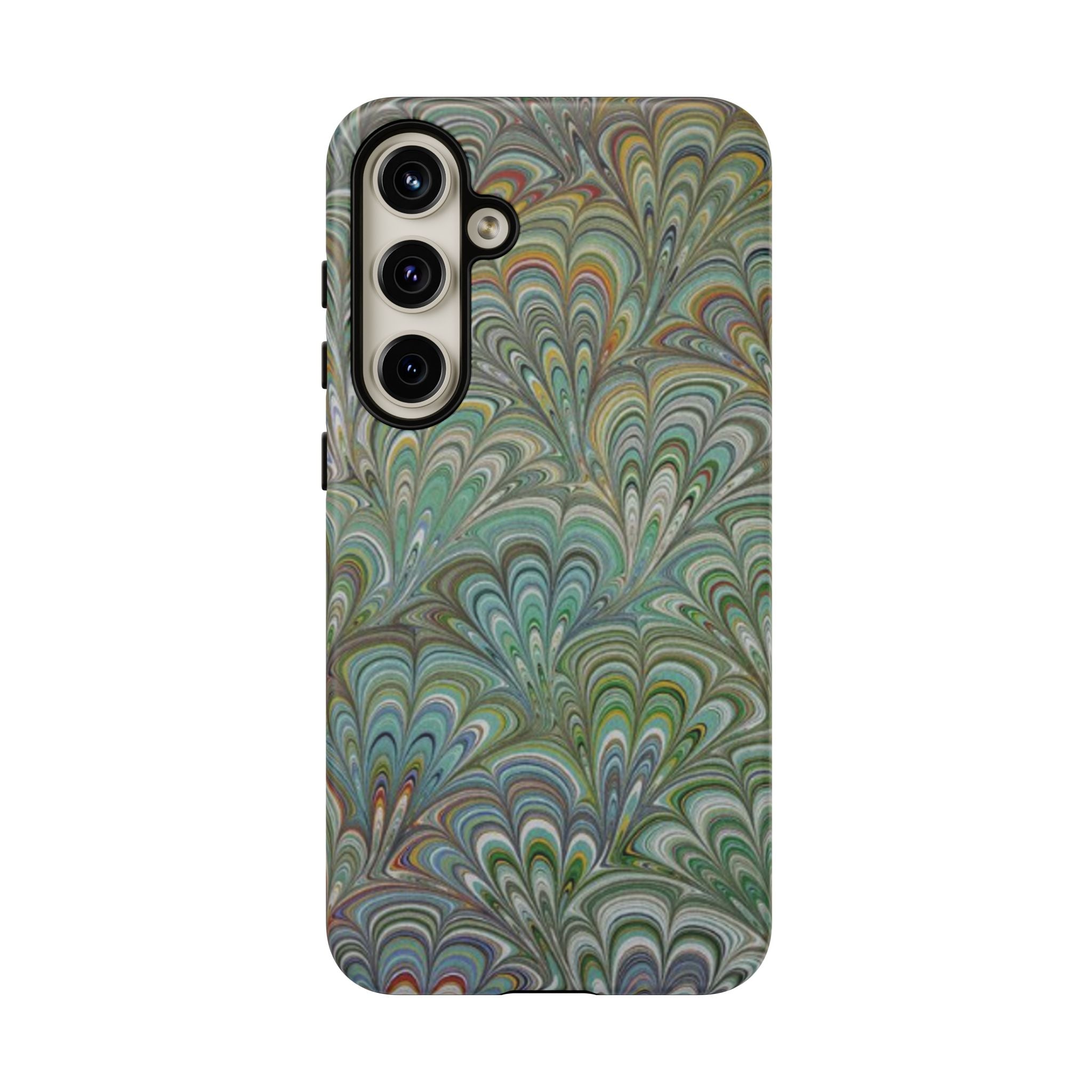 Green Marbled Peacock Durable Phone Case - Olive Green and Brown - Matte or Glossy