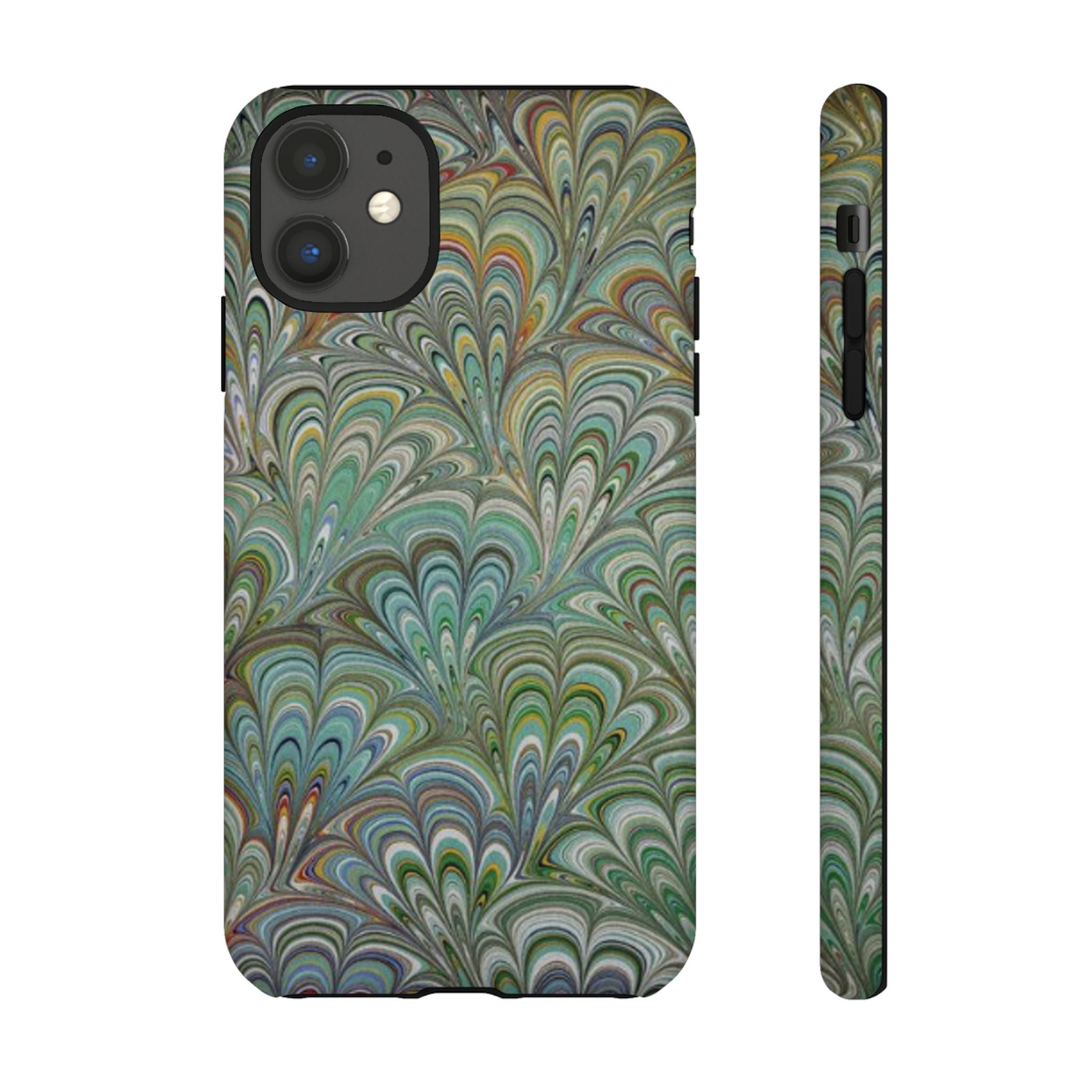 Green Marbled Peacock Durable Phone Case - Olive Green and Brown - Matte or Glossy