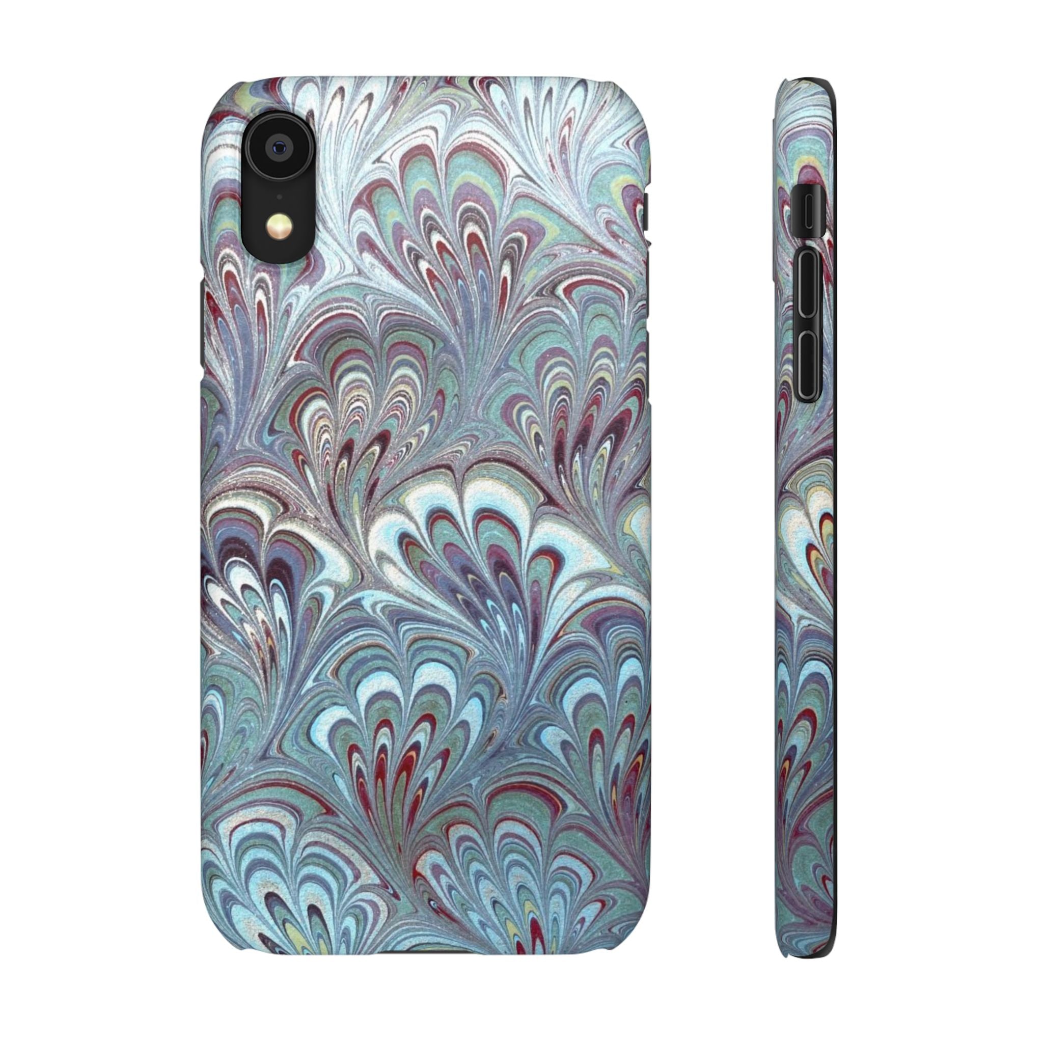 Marbled Feather Blue, White + Burgundy Swirl - Single Layer Slim Phone Case