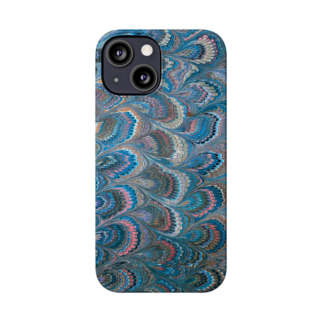Blue and Pink FEATHER PEACKOCK Marbled VIntage Design, Italian Feather Phone Case, Slim Phone Cases, IPHONE 16 and all sizes