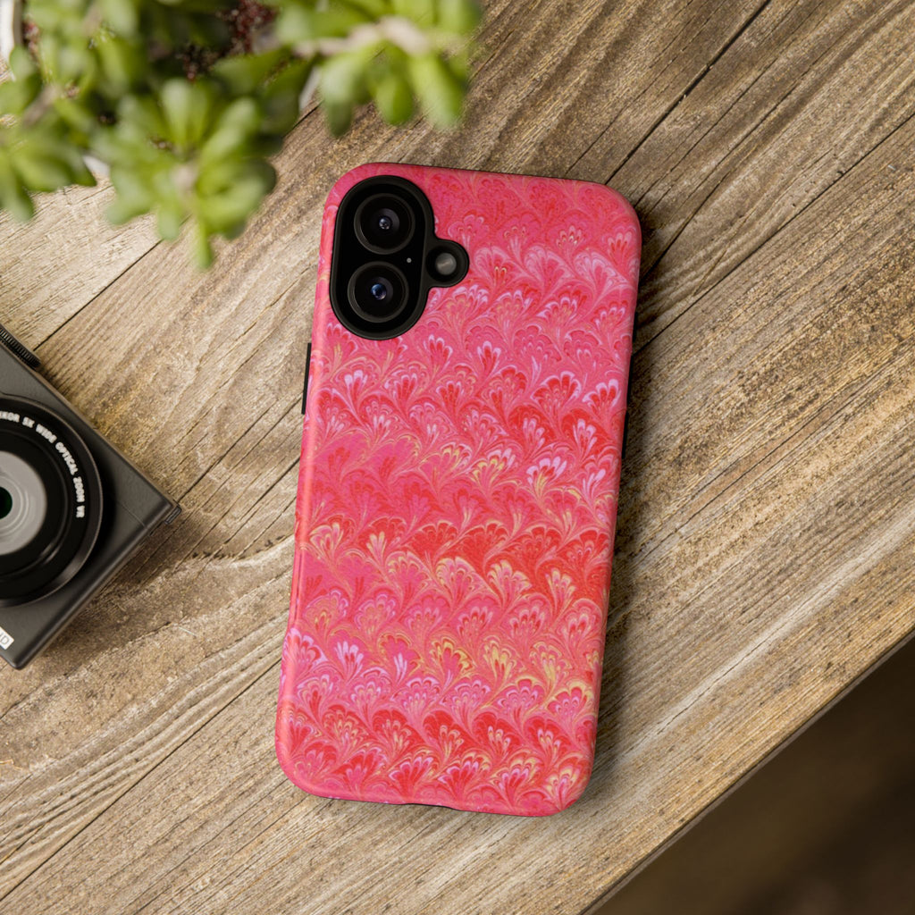 Pink and Gold Marbled Peacock Durable Phone Case - Olive Green and Brown - Matte or Glossy