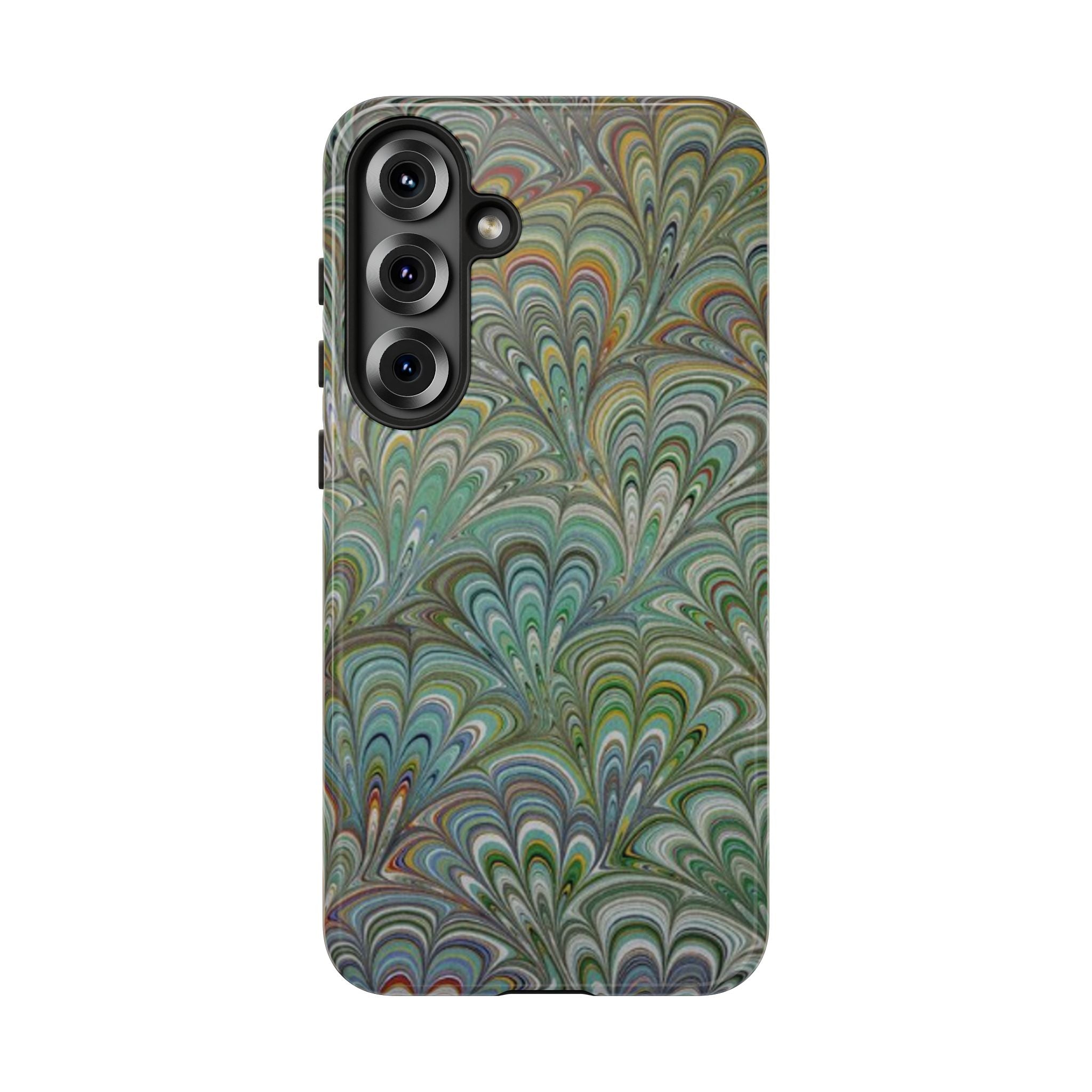 Green Marbled Peacock Durable Phone Case - Olive Green and Brown - Matte or Glossy