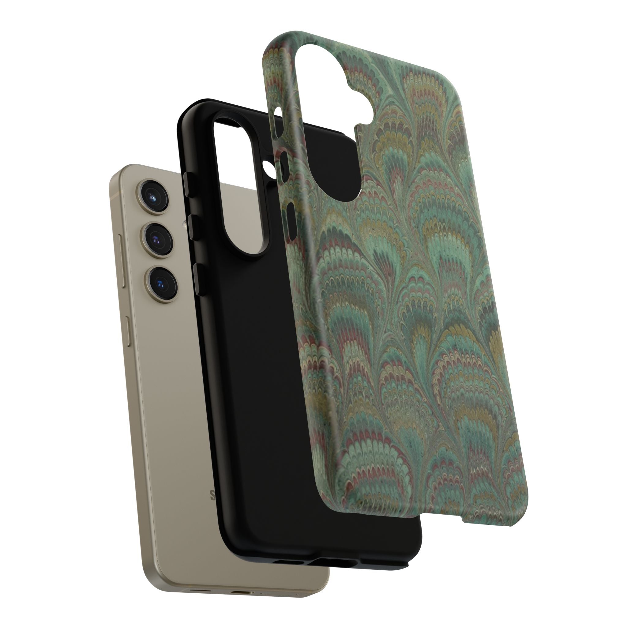 Marbled Peacock Durable Phone Case - Olive Green and Brown - Matte or Glossy